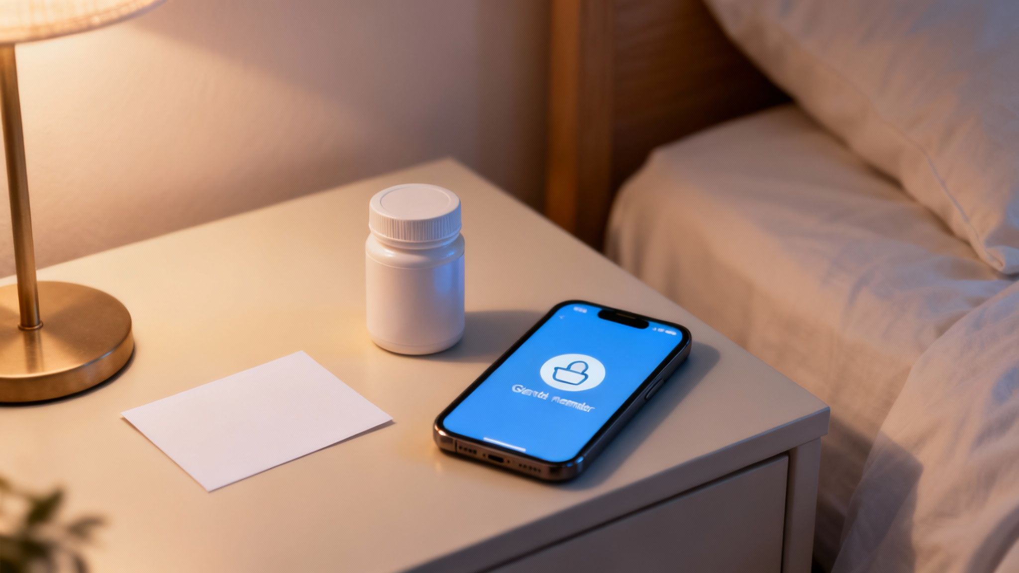 Can you take probiotics at night? A smartphone on a nightstand displays a lock icon beside a pill bottle and bedside lamp.