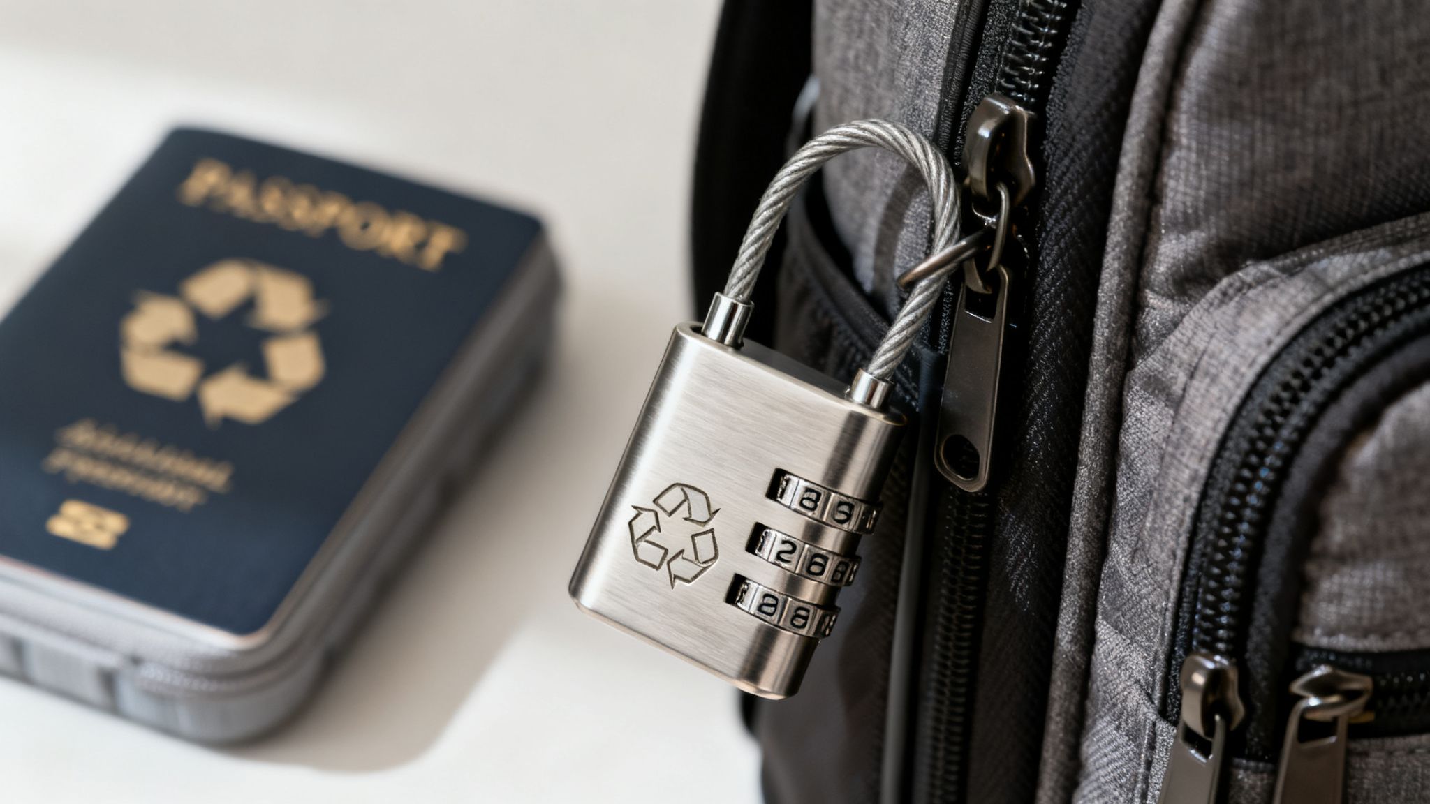 A silver combination travel lock with a recycling symbol secures a grey suitcase zipper, with a blurred passport behind it—an example of the best luggage lock for worry-free trips.