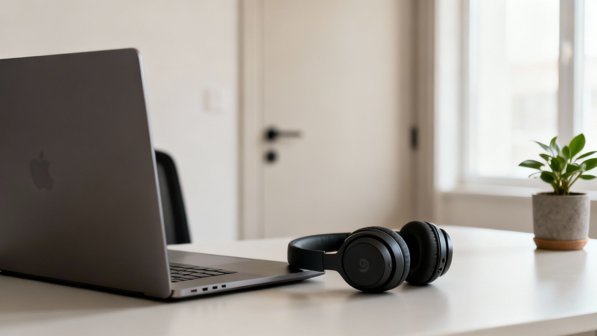 How to Achieve Flow State: modern workspace with a silver laptop, black headphones, and a small plant on a white desk