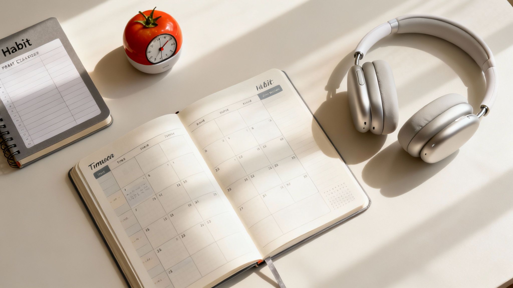 Overhead view of a bright workspace with open planners, a Pomodoro timer, and silver headphones, illustrating what is decision fatigue and how structure supports focus.