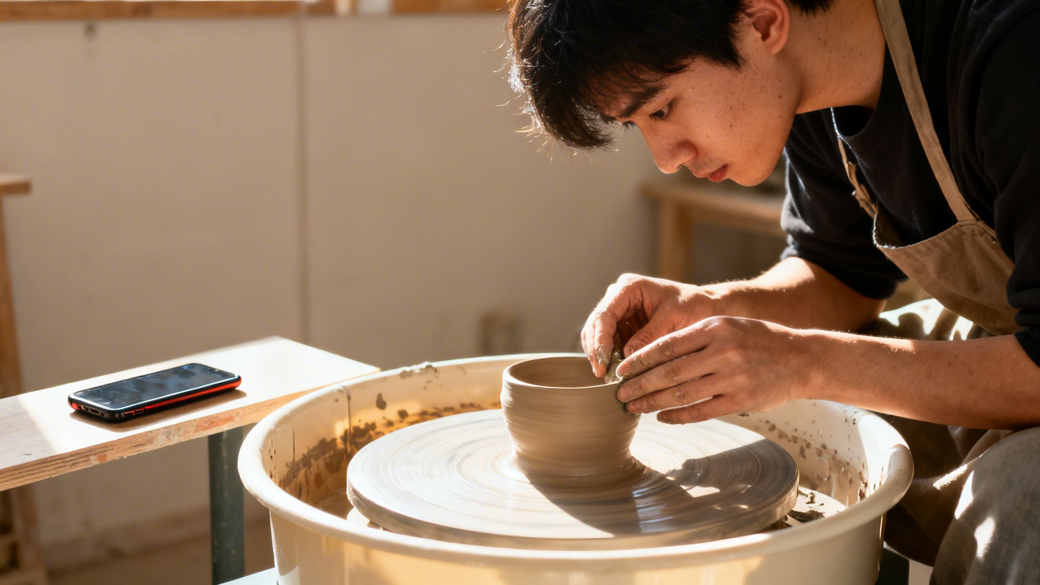 Young man focused on shaping clay at a pottery wheel in a bright studio, practicing deep focus while breaking social media addiction.