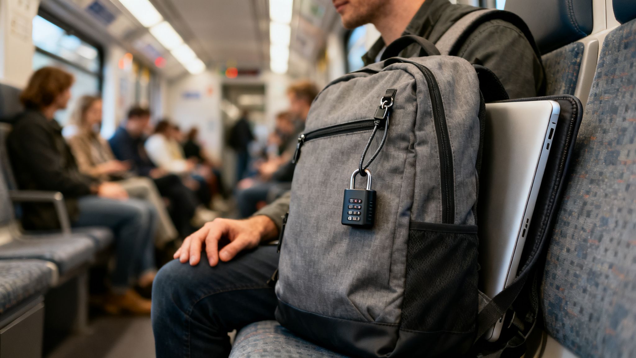 A traveler secures a grey backpack with a combination lock on a train—showing how the best luggage lock helps protect valuables on the move.
