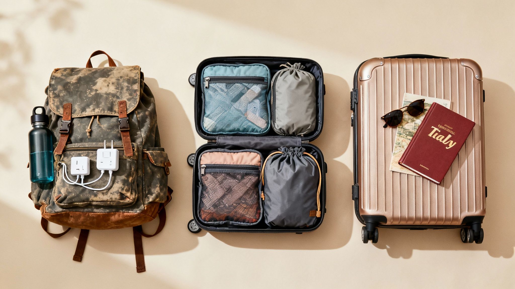 Trip to Italy cost planning essentials: a backpack, open suitcase with packing cubes, and a closed suitcase topped with a map and book.