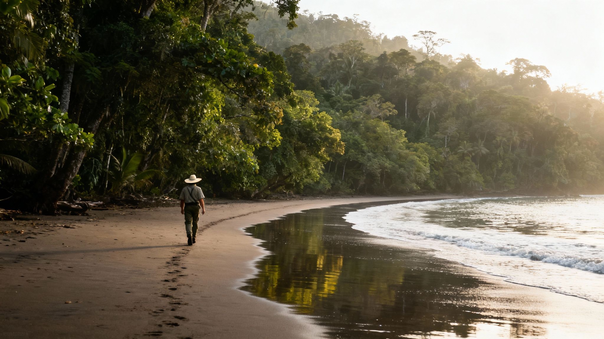 Best hikes in Costa Rica — a traveler walks along a pristine beach beside lush rainforest in golden morning light.