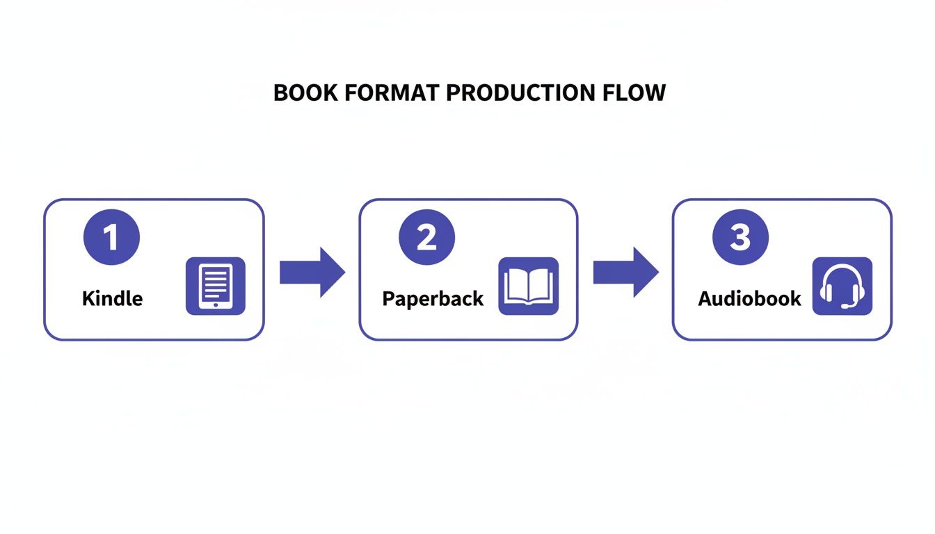 Book format production flow diagram showing Kindle, Paperback, and Audiobook in sequential steps.