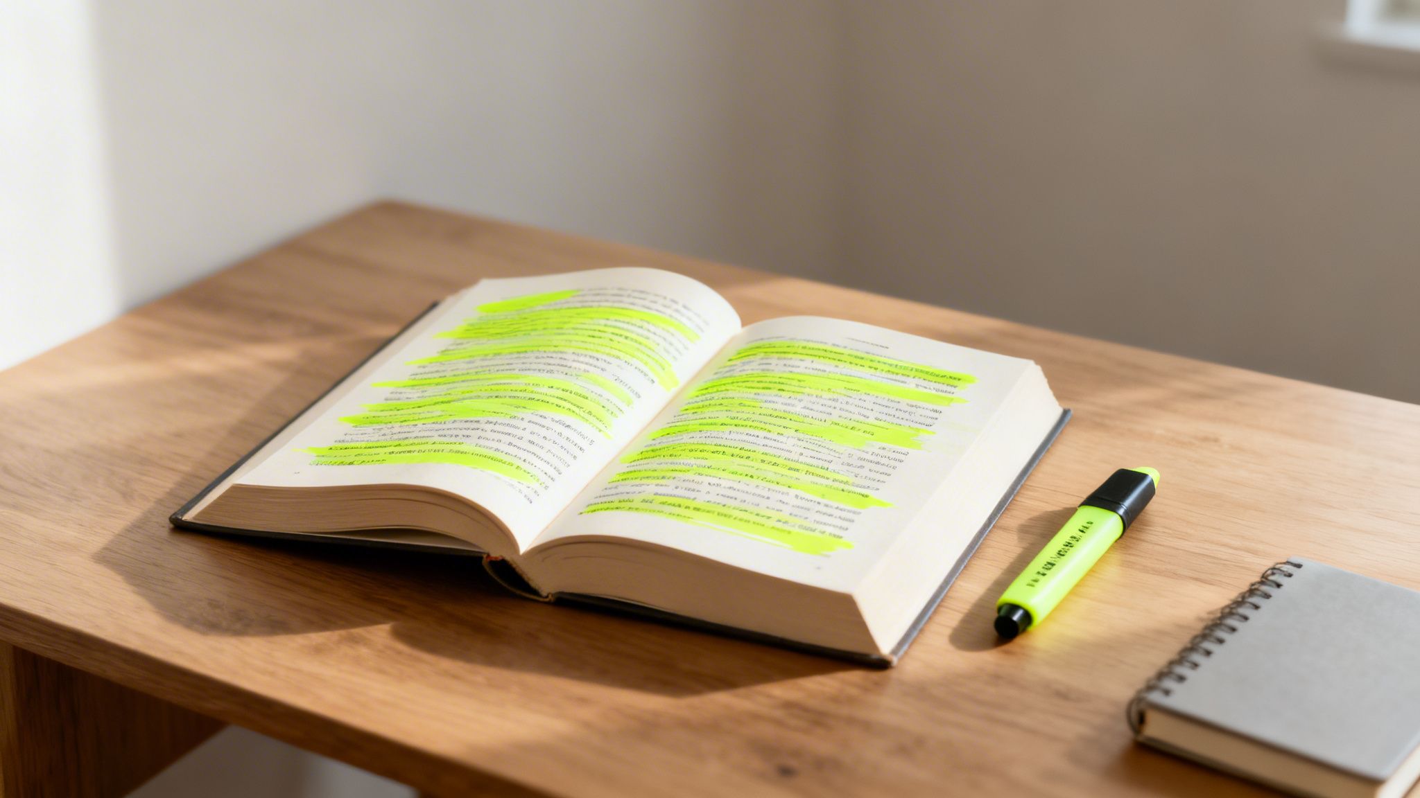 An open book with highlighted text, a yellow highlighter, and a notebook on a wooden table, representing ineffective note taking from books.