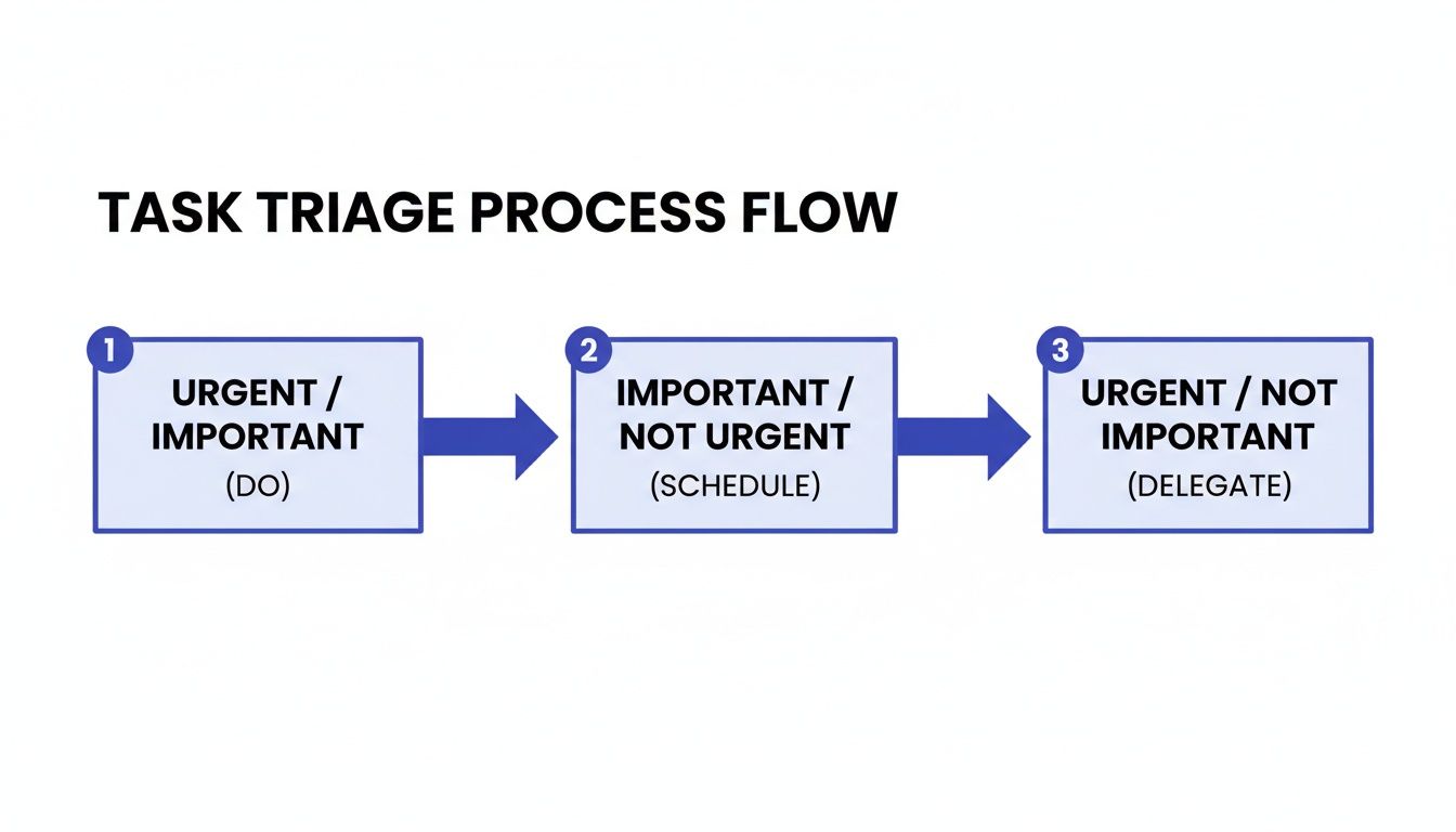 A task triage process flow chart for managing competing priorities: Urgent/Important (Do), Important/Not Urgent (Schedule), Urgent/Not Important (Delegate).