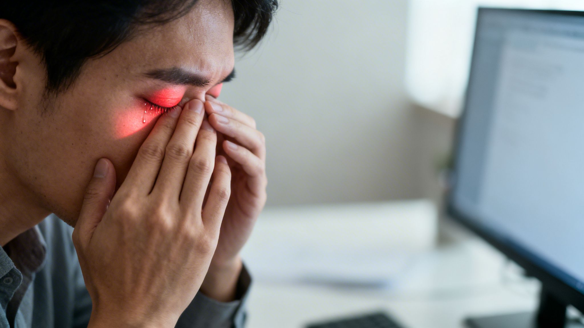 Man with red, strained eyes and a tear, holding his face near a computer screen—showing the impact of digital eye strain and why it’s important to reduce digital eye strain.
