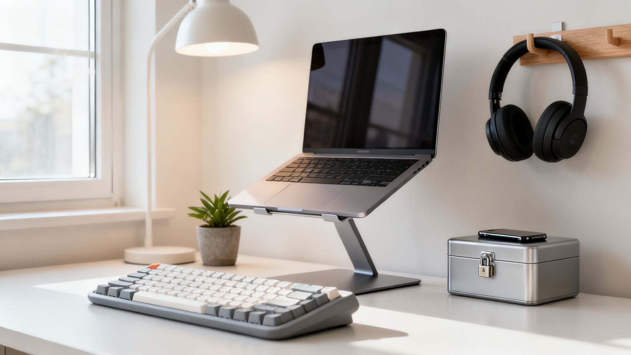 Modern minimalist home office desk setup with a laptop, mechanical keyboard, and headphones, creating a clean environment for how to do deep work.