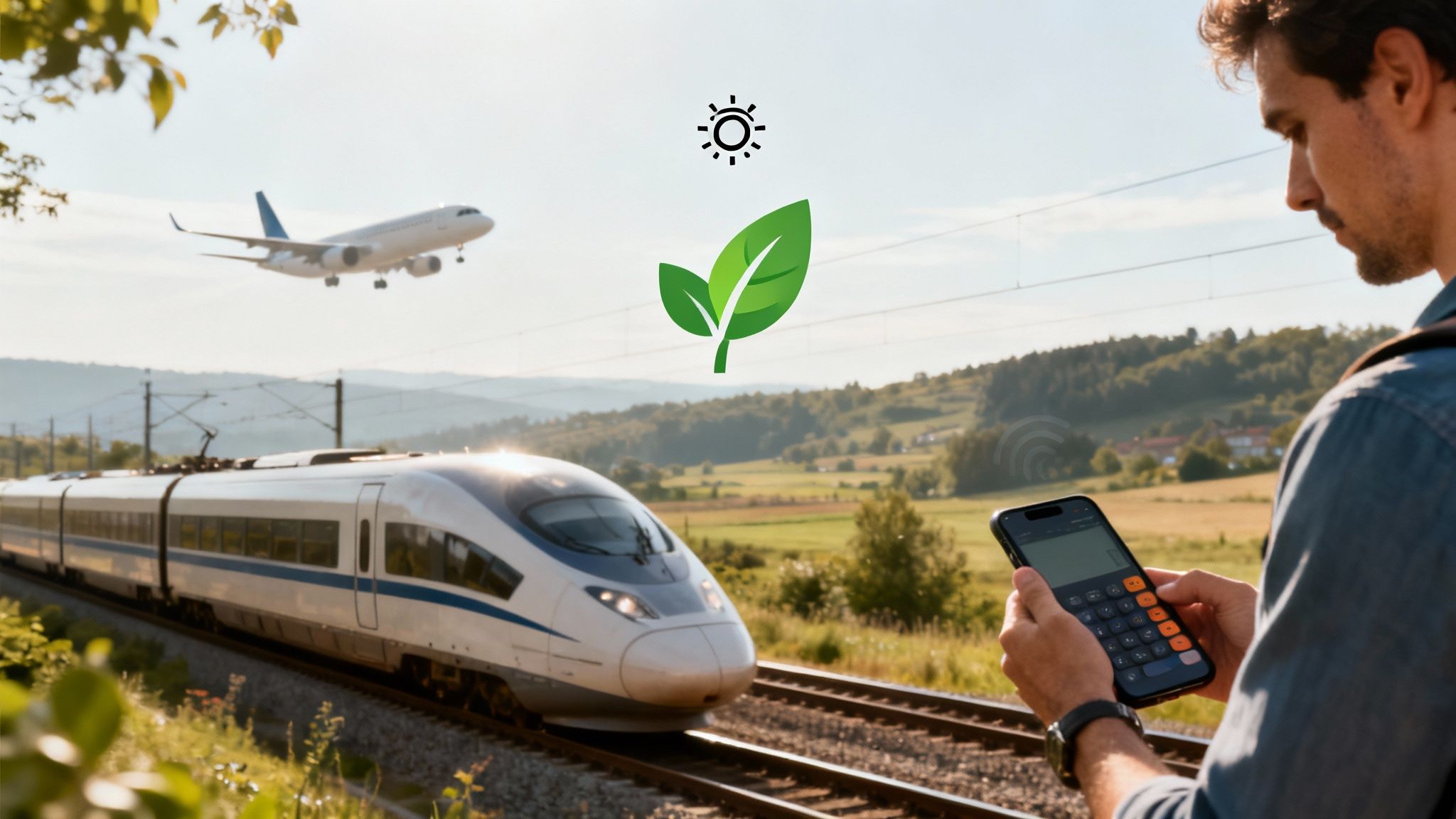 Man compares train vs plane options on a smartphone to choose lower-impact transport.