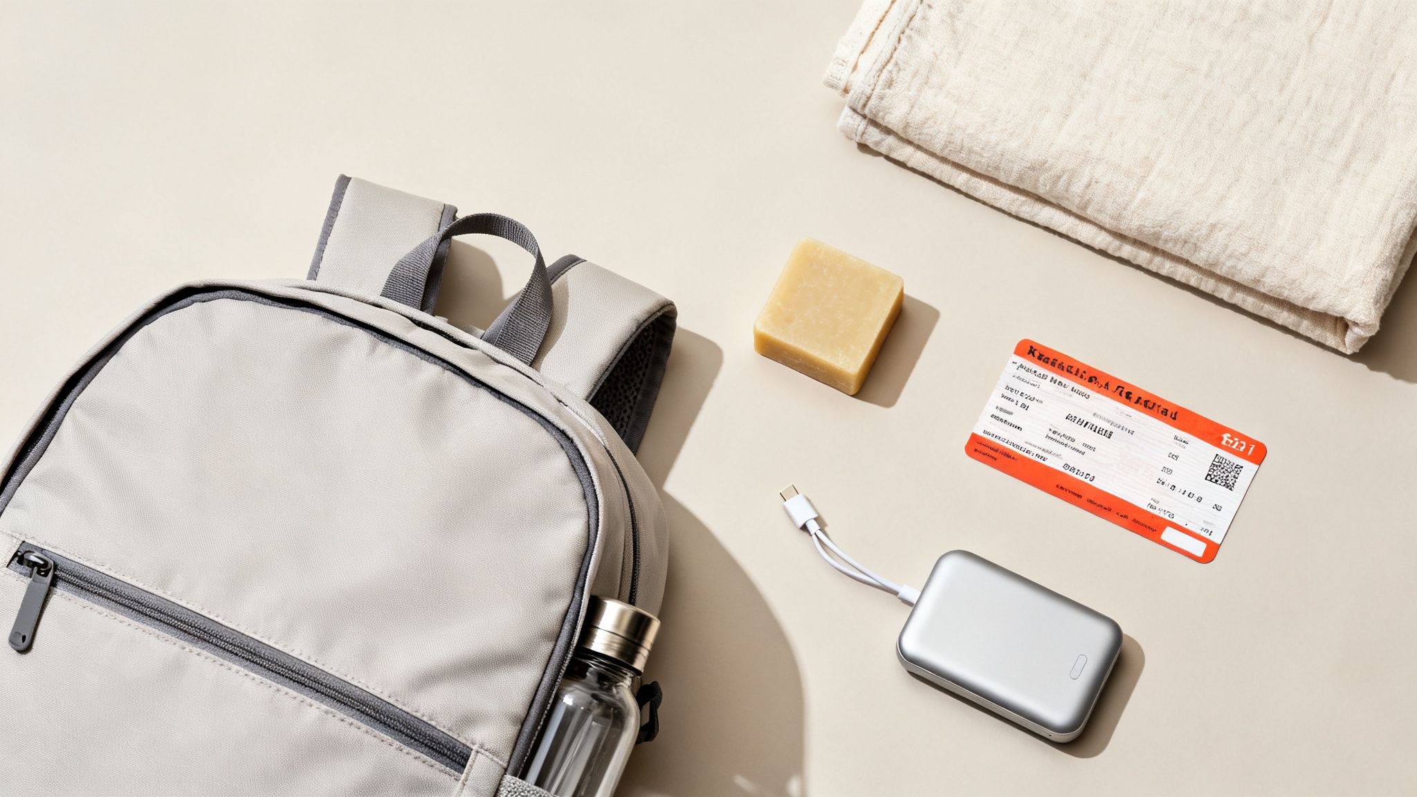 Regenerative travel flat lay of essentials: backpack, reusable water bottle, soap, quick-dry towel, and portable power bank.