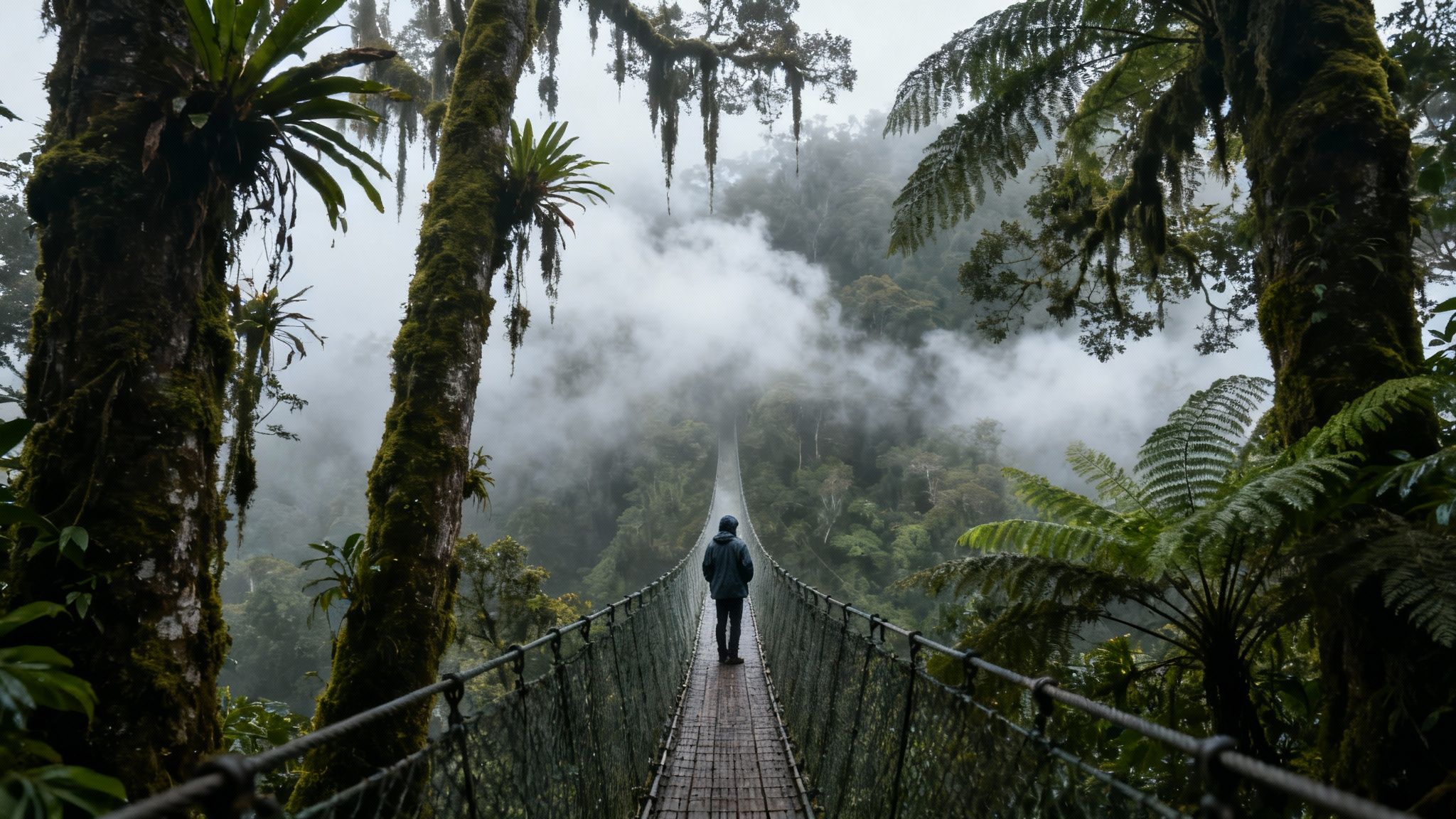 Best hikes in Costa Rica — man walking across a rope bridge in a misty cloud forest surrounded by lush tropical greenery.