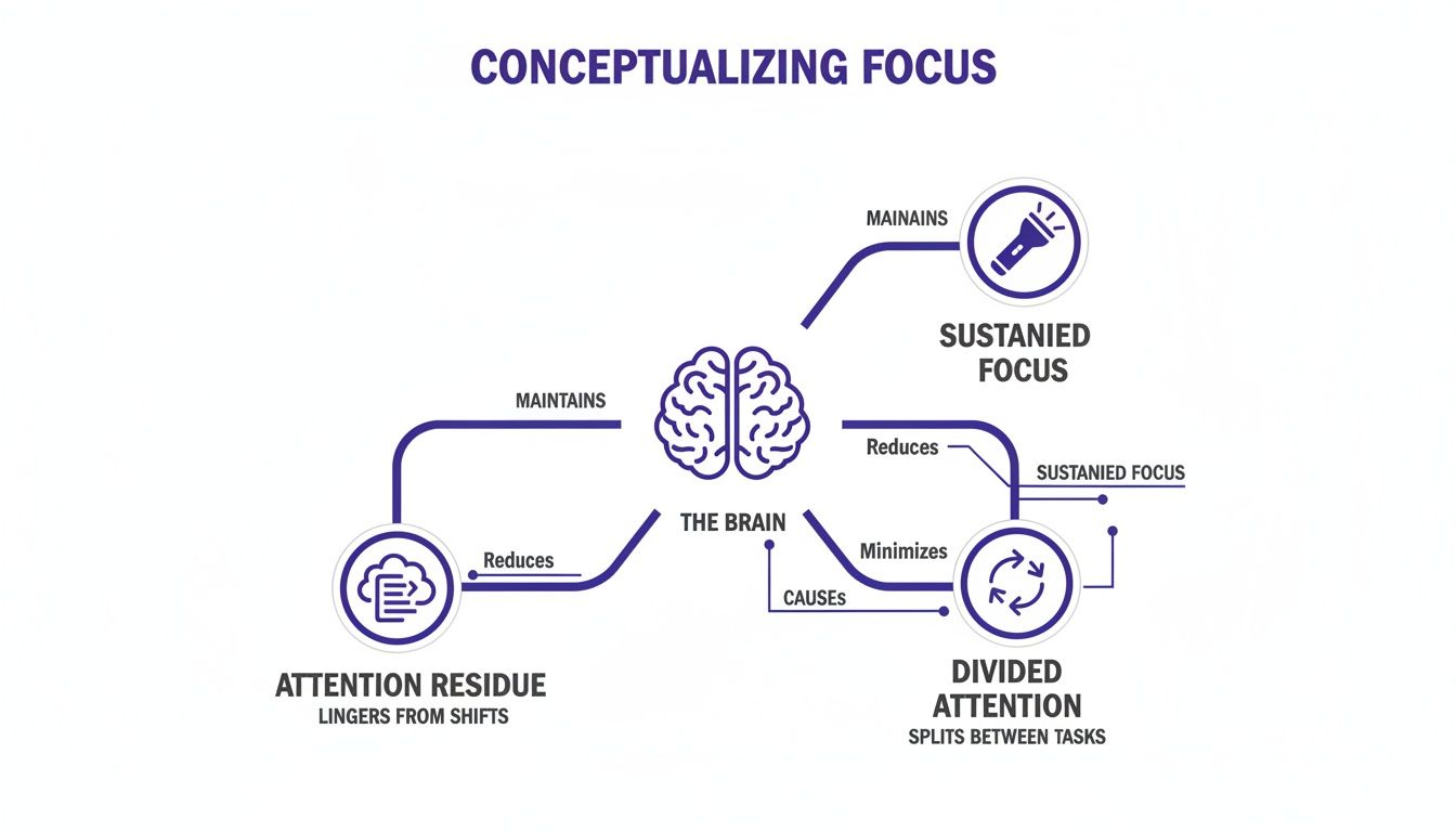 A diagram conceptualizing how the brain manages sustained focus, attention residue, and divided attention.