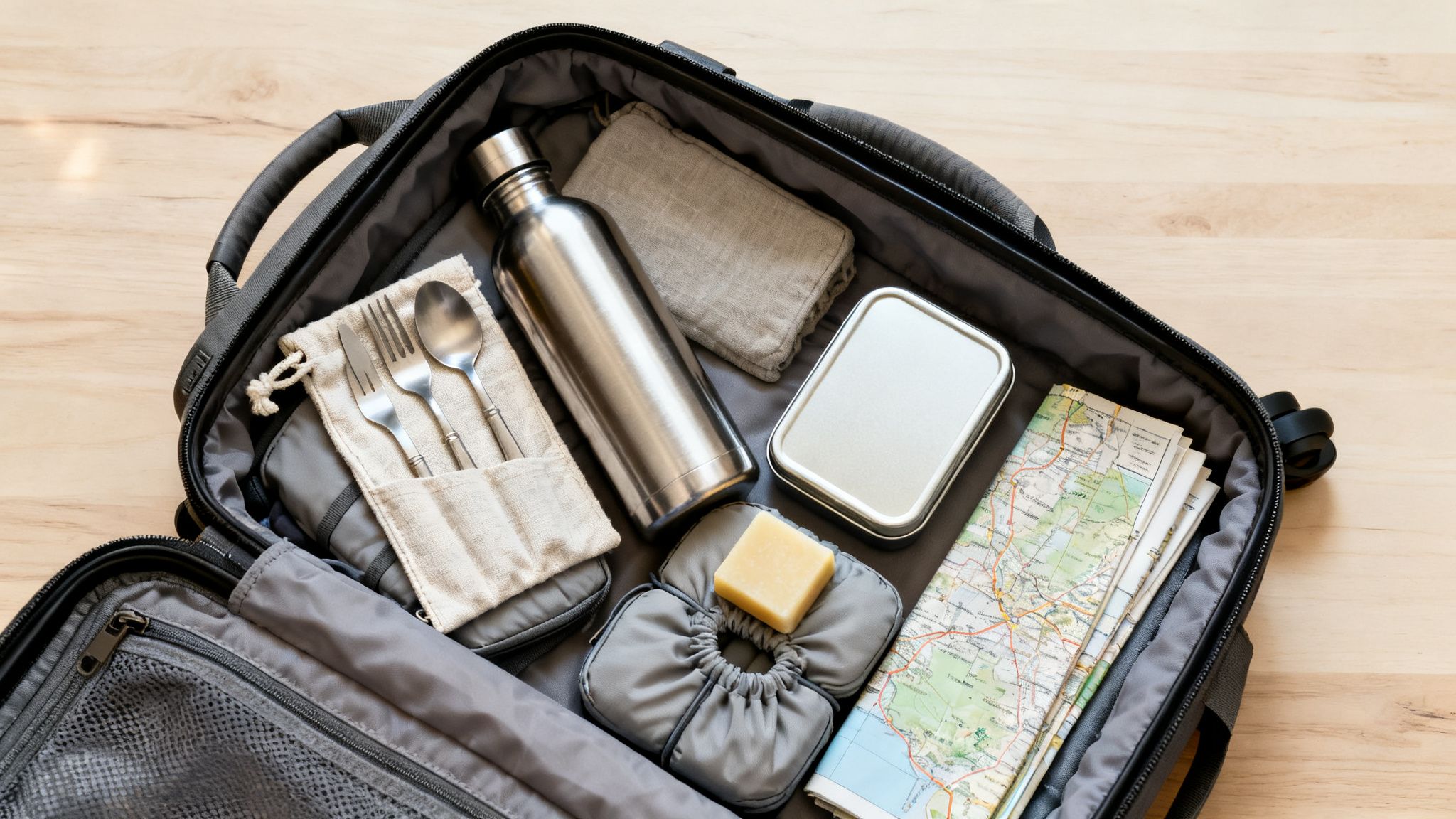 An open grey travel bag packed for eco travel, with reusable cutlery, a refillable water bottle, soap, and maps—simple essentials that support what does carbon neutral mean choices on the road.