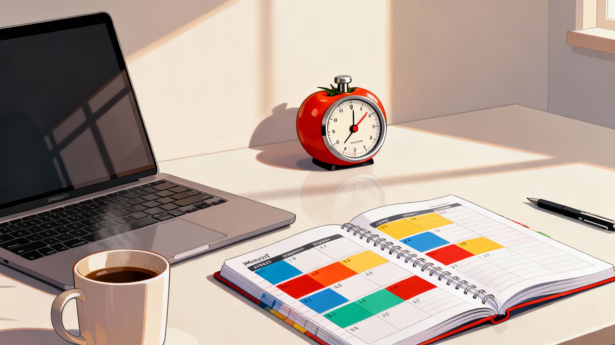A productive desk setup with a tomato timer and planner is a great way to improve focus at work.