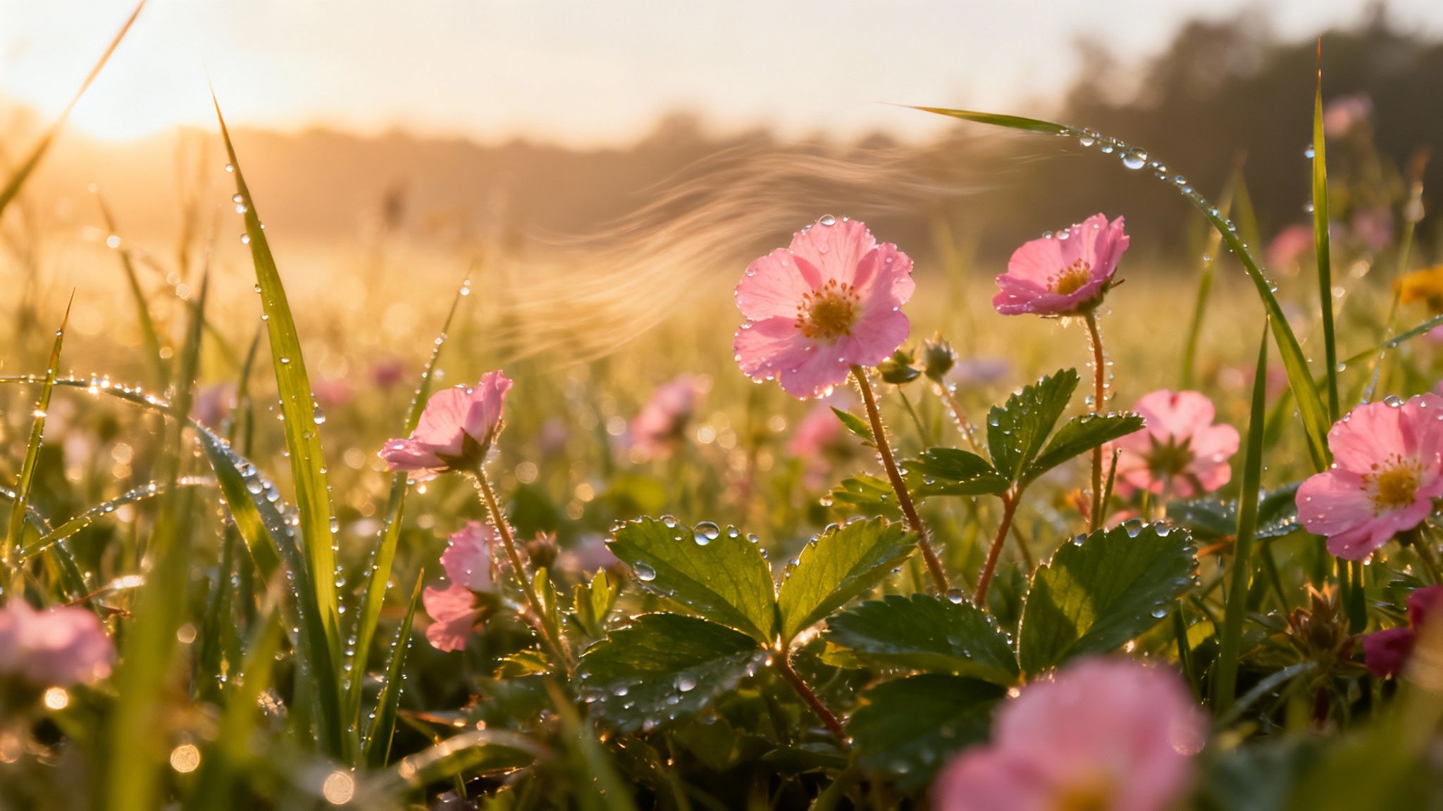 How to take notes for a book — close-up of pink wildflowers and dewy grass sparkling in warm golden morning sunlight.
