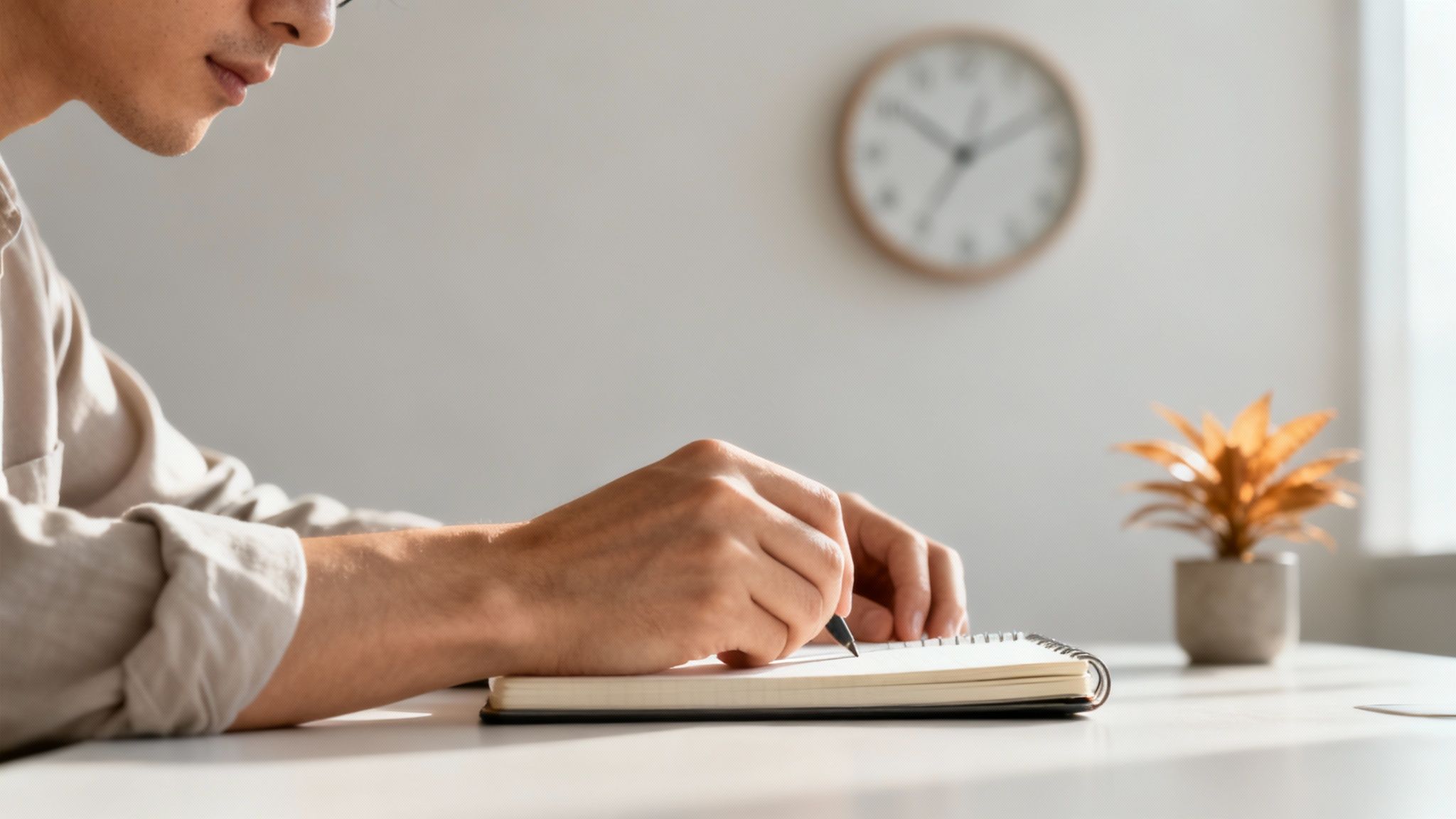How to Achieve Flow State close-up of a person diligently writing in a spiral notebook with a pen on a desk