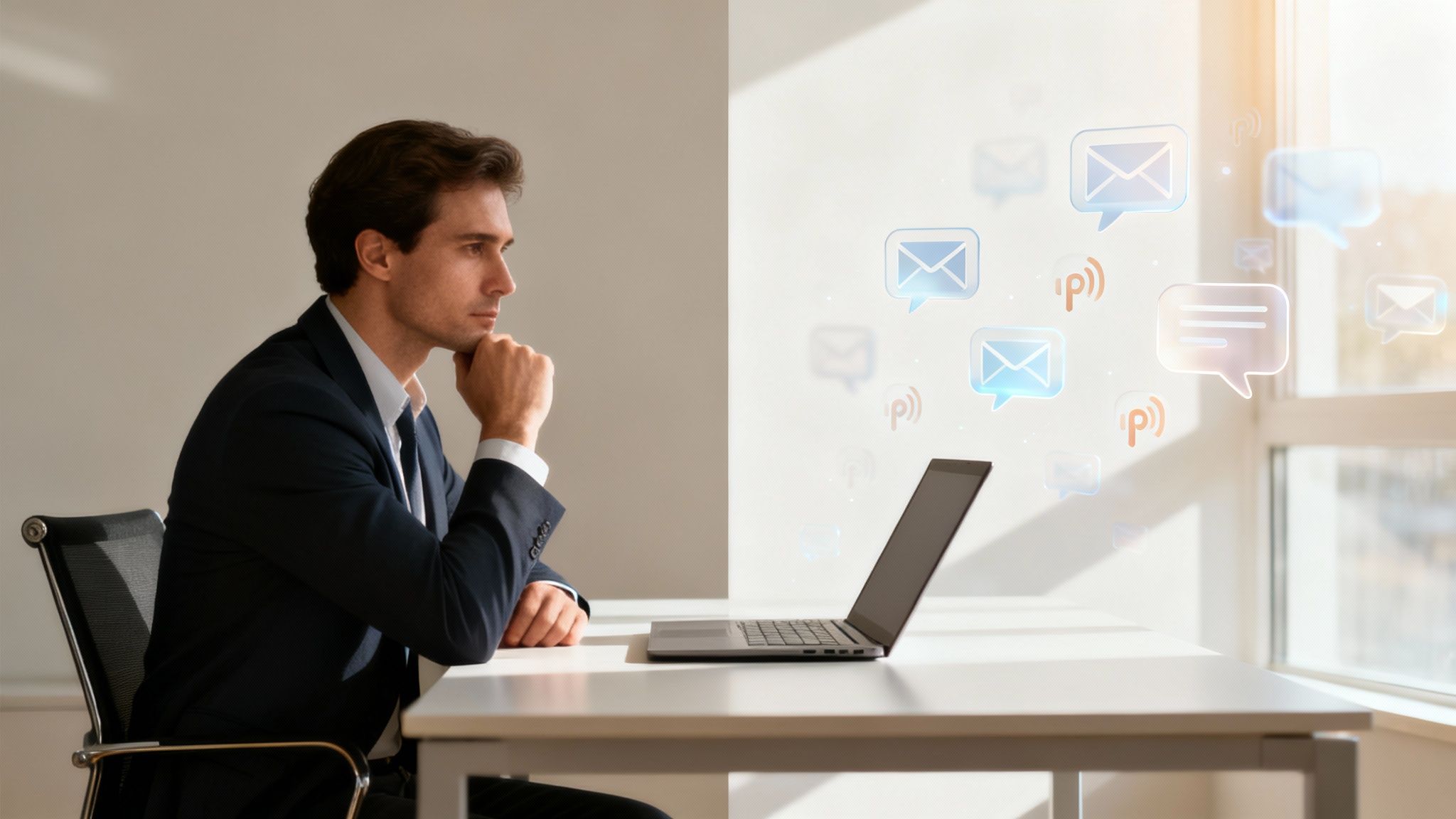 A man in a suit thoughtfully concentrates on his laptop, demonstrating how to improve focus at work with digital tools.