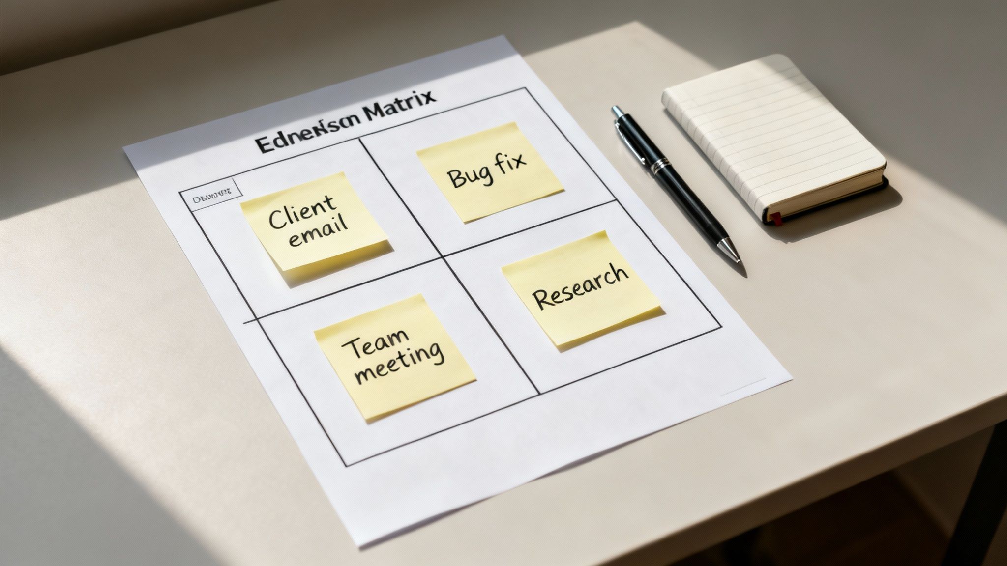 A task management matrix with sticky notes for managing competing priorities.