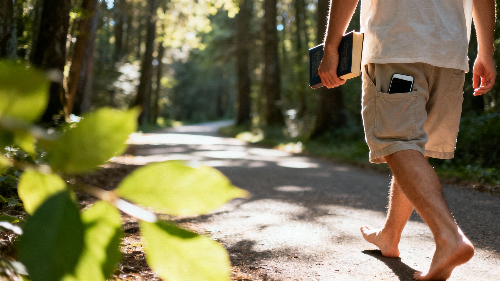 A person walks on a sunny forest path, a book in one hand and a phone in the other, symbolizing a balance between technology and nature as a goal for self-improvement.