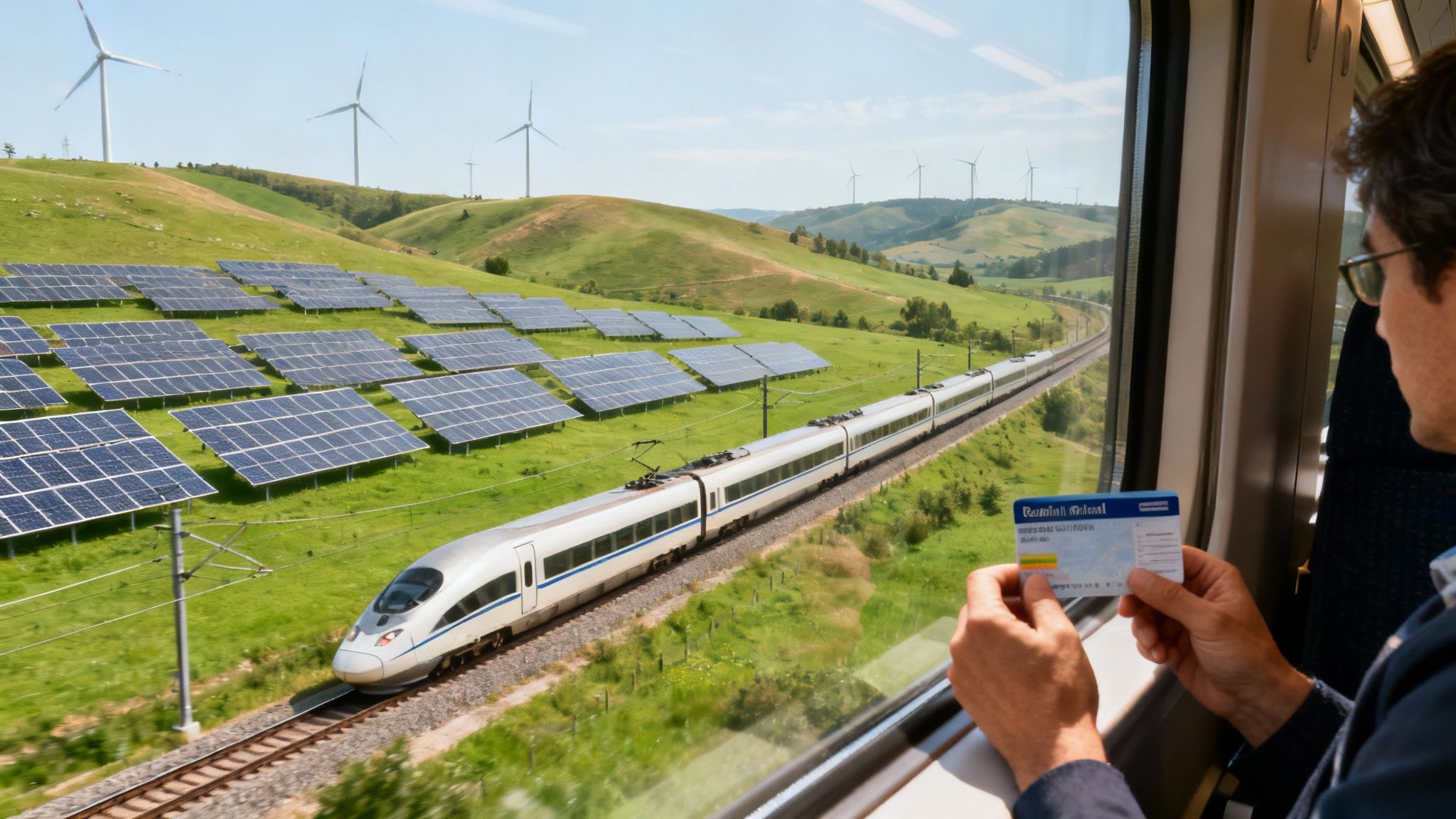 View from a train window showing a high-speed train passing solar panels and wind turbines, illustrating carbon-neutral travel choices.