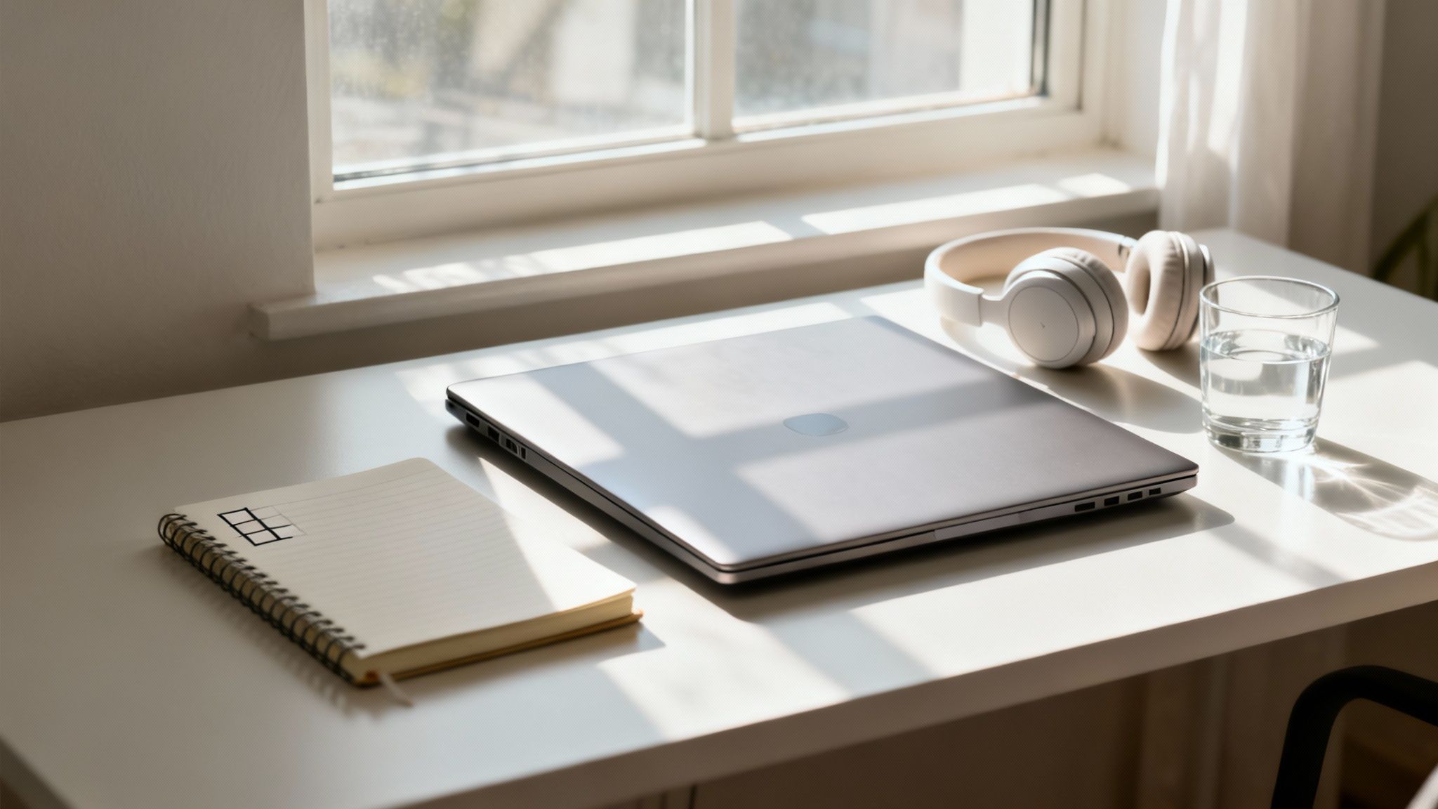 A clean, sunlit desk with a closed laptop, white headphones, a notebook, and water by a window—an inviting reset space for **how to avoid burnout at work**.