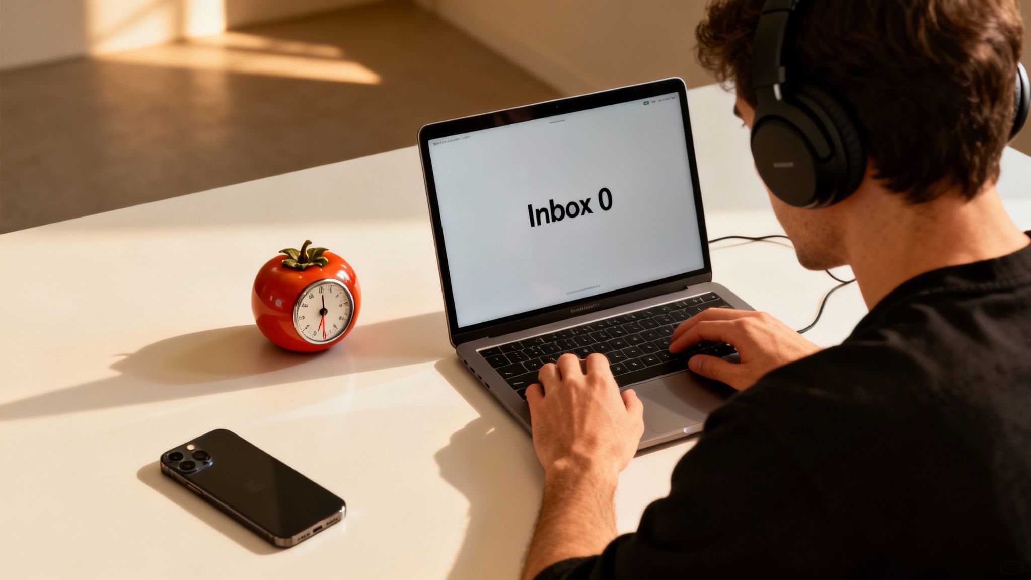 How to increase productivity at work: a person wearing headphones works on a laptop displaying “Inbox 0” next to a tomato timer.