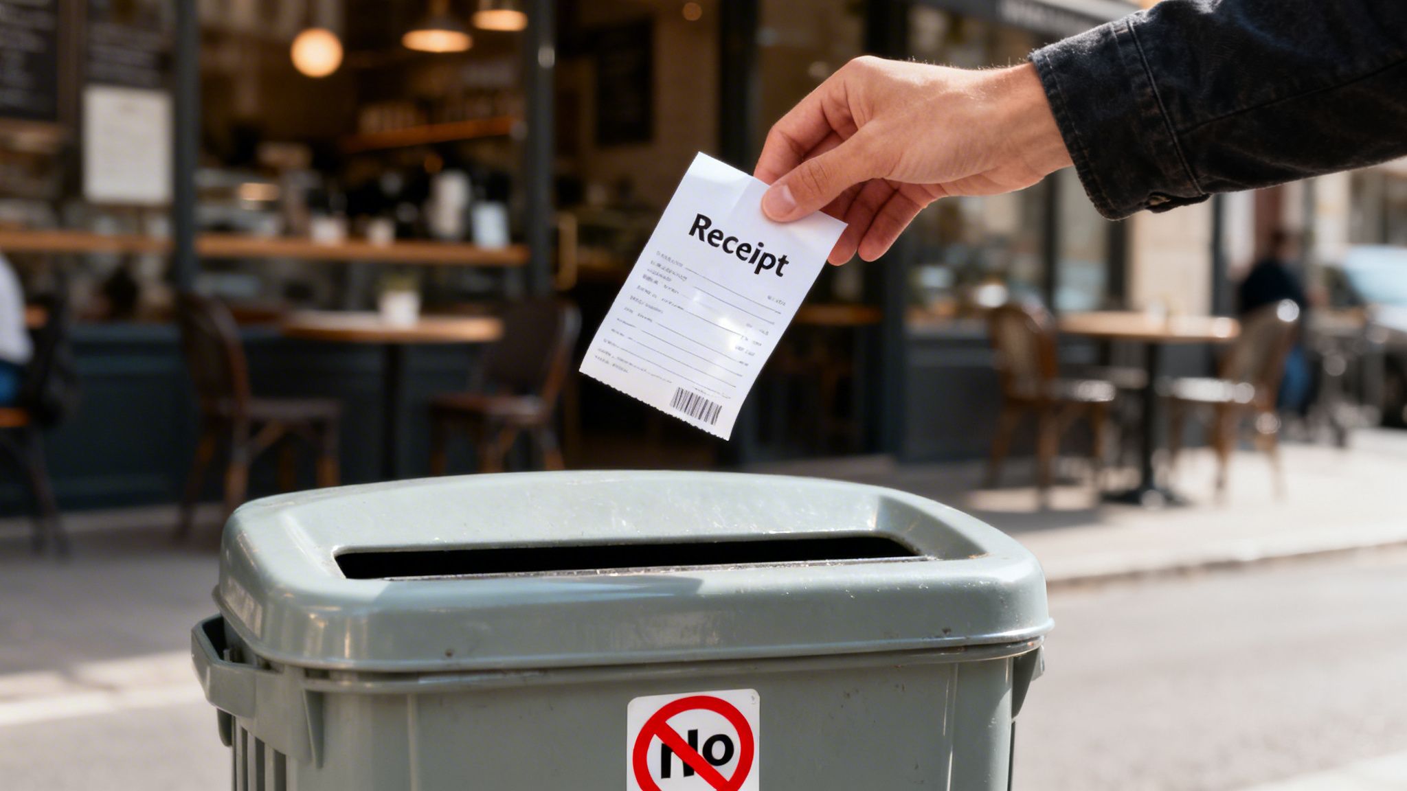 A hand drops a paper receipt labeled “Receipt” into a trash can with a “No” symbol—can you recycle receipts.