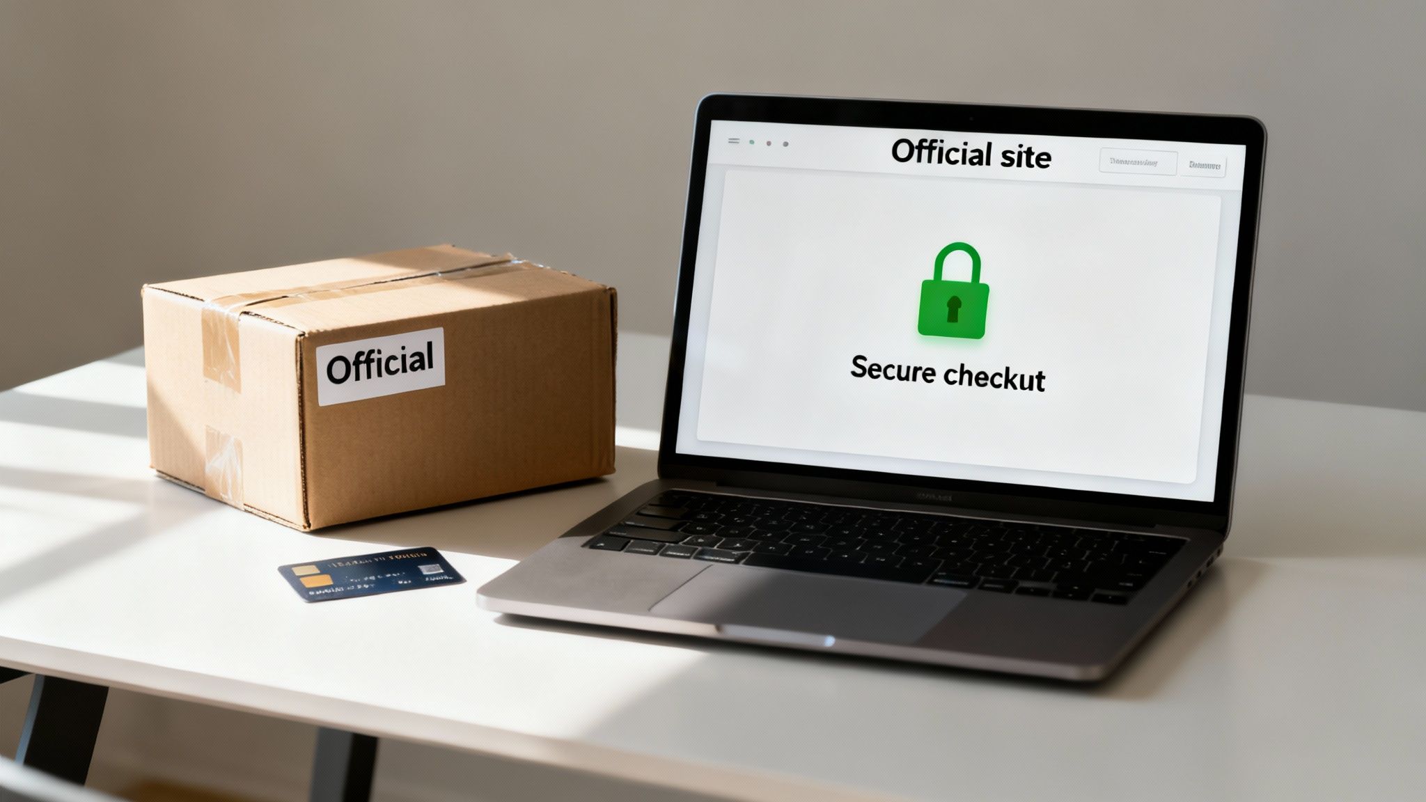 Ikaria Lean Belly Juice Review: A cardboard box labeled “Official” beside a laptop displaying “Secure checkout,” with a credit card ready for purchase.