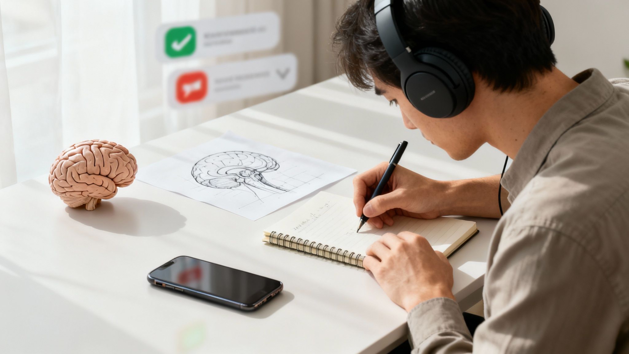 A person with headphones writes in a notebook, studying brain anatomy with a model and drawing, to understand what is a dopamine detox.