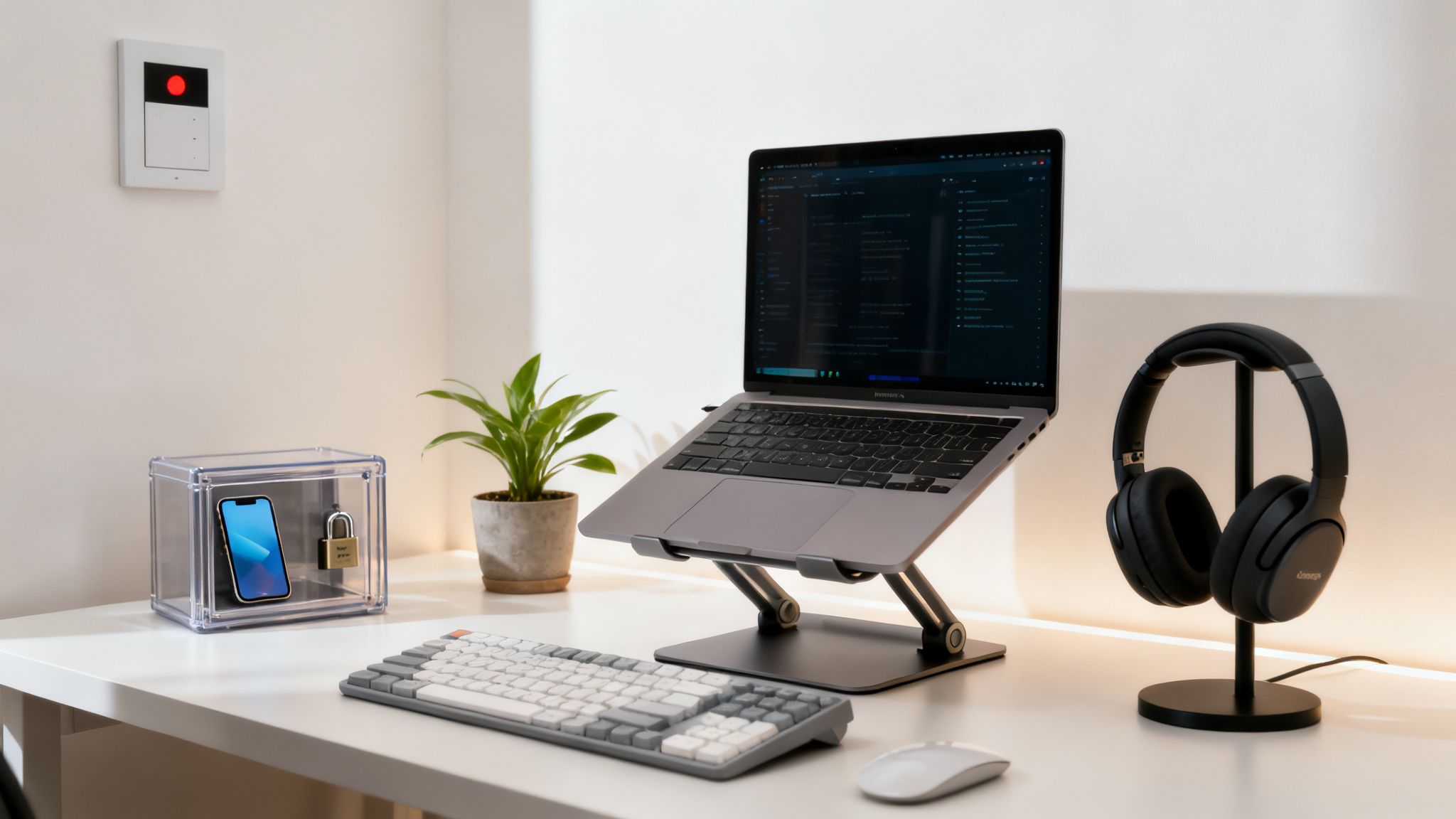 A neat desk with a laptop on a stand, keyboard, mouse, headphones, plant, and a phone locked in a clear box, showing how to stop multitasking.