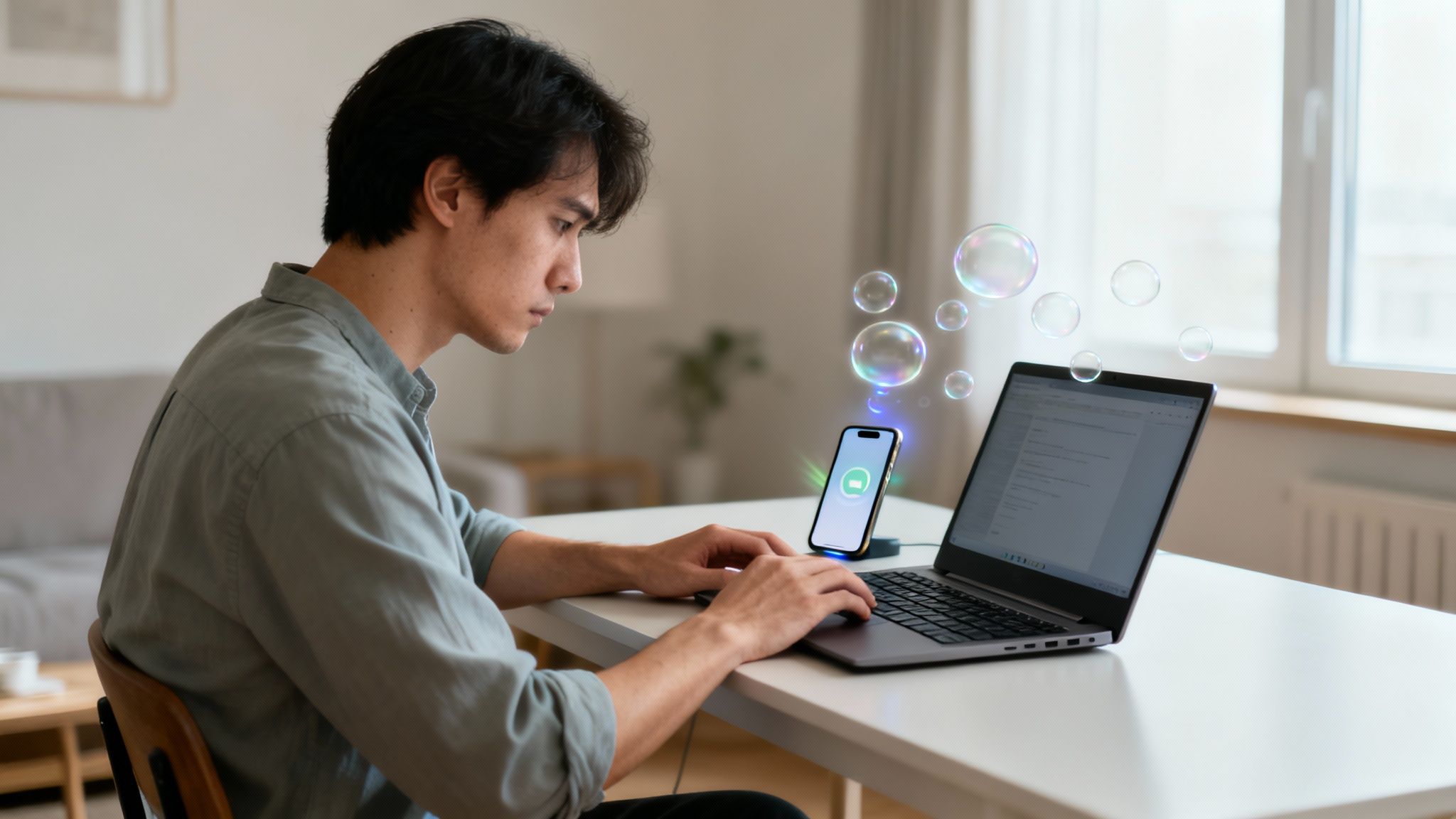 What is cognitive overload alt text: A focused young man uses a laptop and smartphone at a desk as floating bubbles represent information overload—showing what is cognitive overload in modern digital work.
