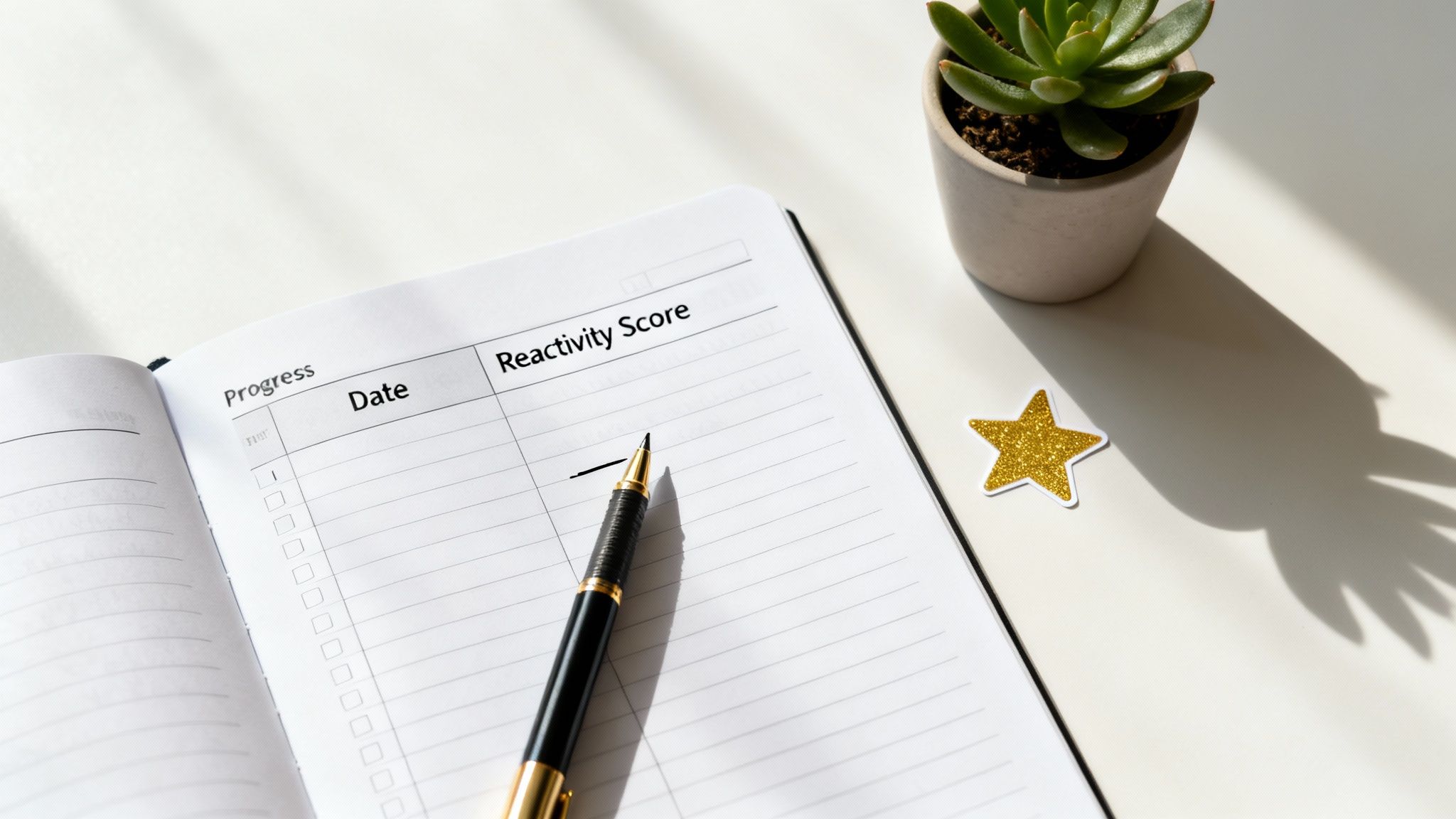 An open Limbic System Retraining notebook tracking βProgress,β βDate,β and βReactivity Score,β with a pen, succulent, and a small glitter star on a clean white desk.
