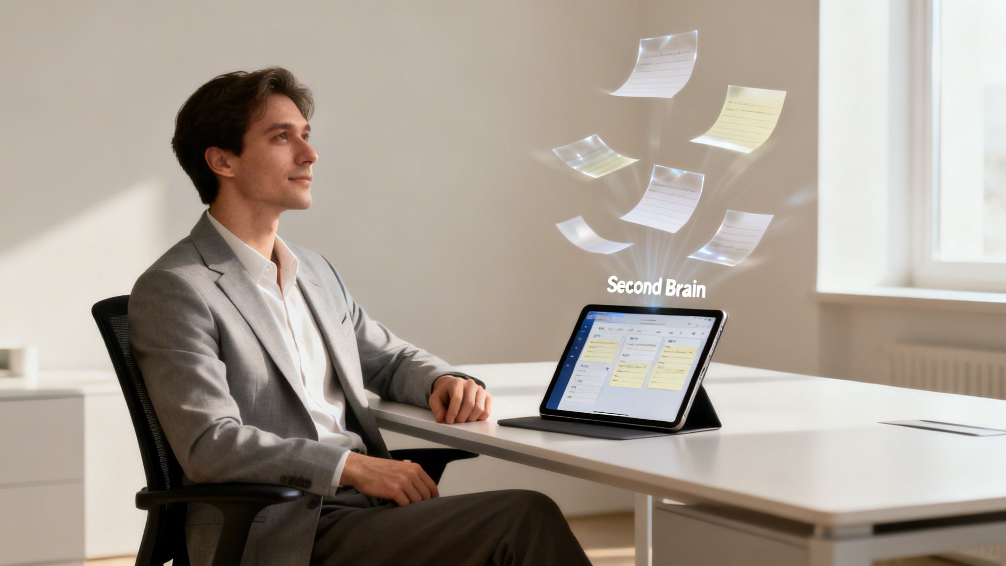 Second brain method shown by a man in a suit using a tablet with digital notes and a “Second Brain” label floating above.