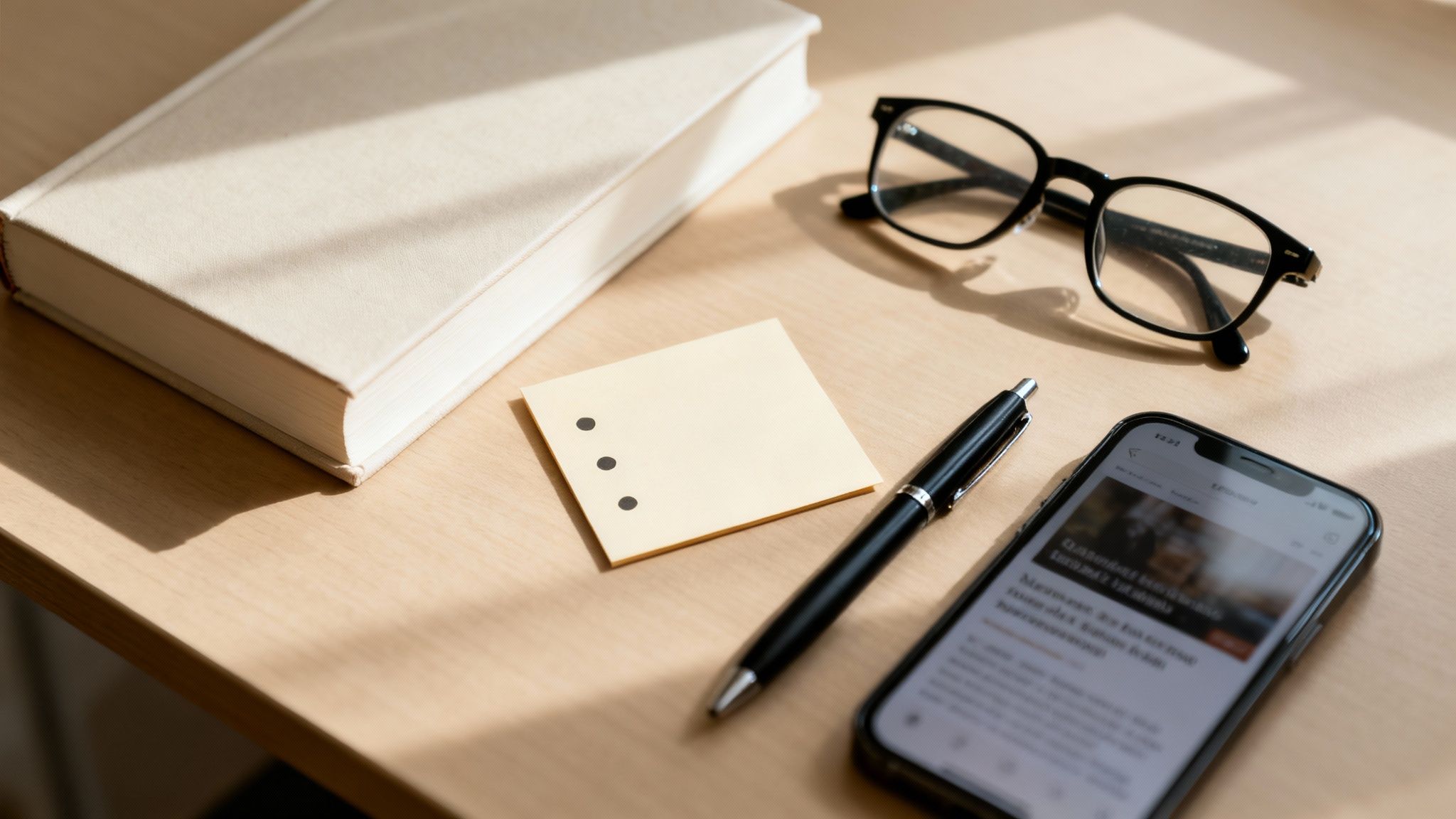 A bright overhead shot of a wooden desk with a book, eyeglasses, pen, sticky note, and a phone, a setup for how to retain what you read.