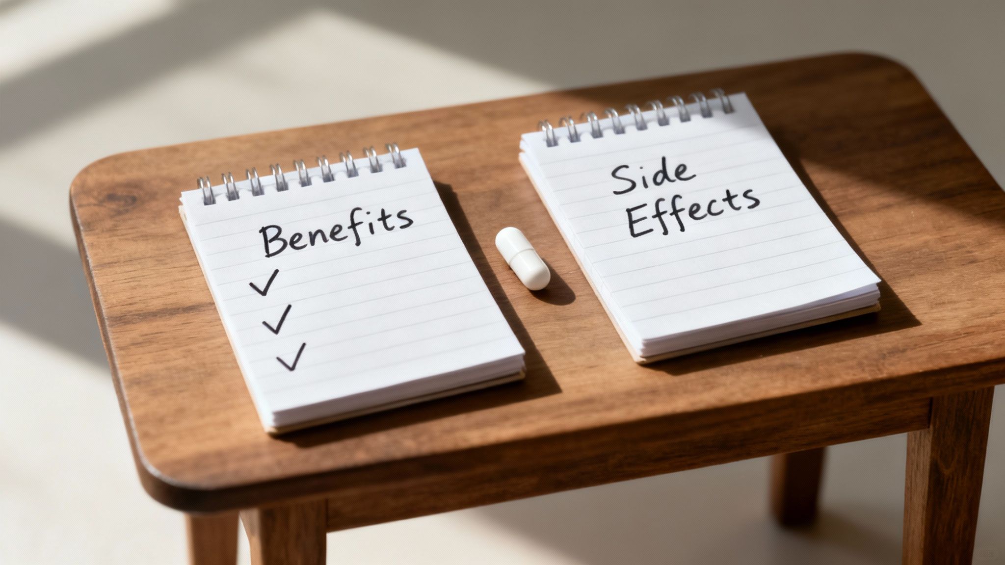 Prostavive review — two notepads labeled “Benefits” and “Side Effects” beside a white pill on a wooden table.