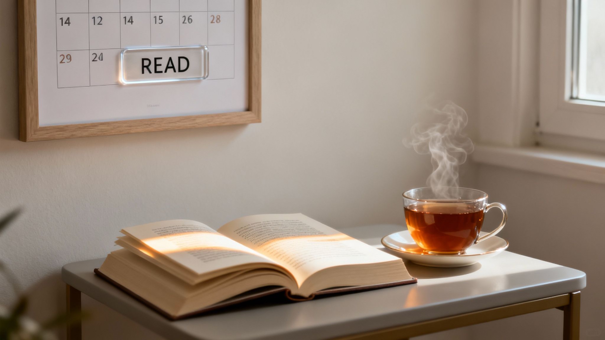 A cozy scene with an open book, hot tea, and a calendar marking 'READ' in sunlight. A great example of a setup on how to read more books.