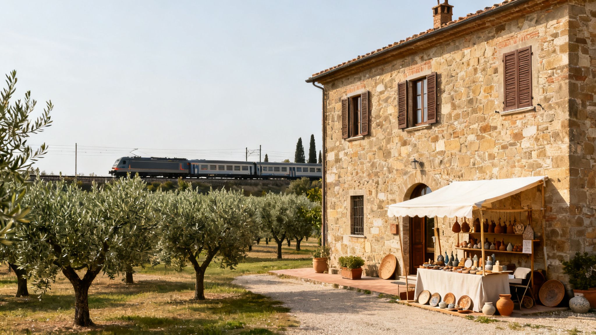Regenerative travel scene at a stone building craft market under a canopy, framed by olive trees as a train passes nearby.