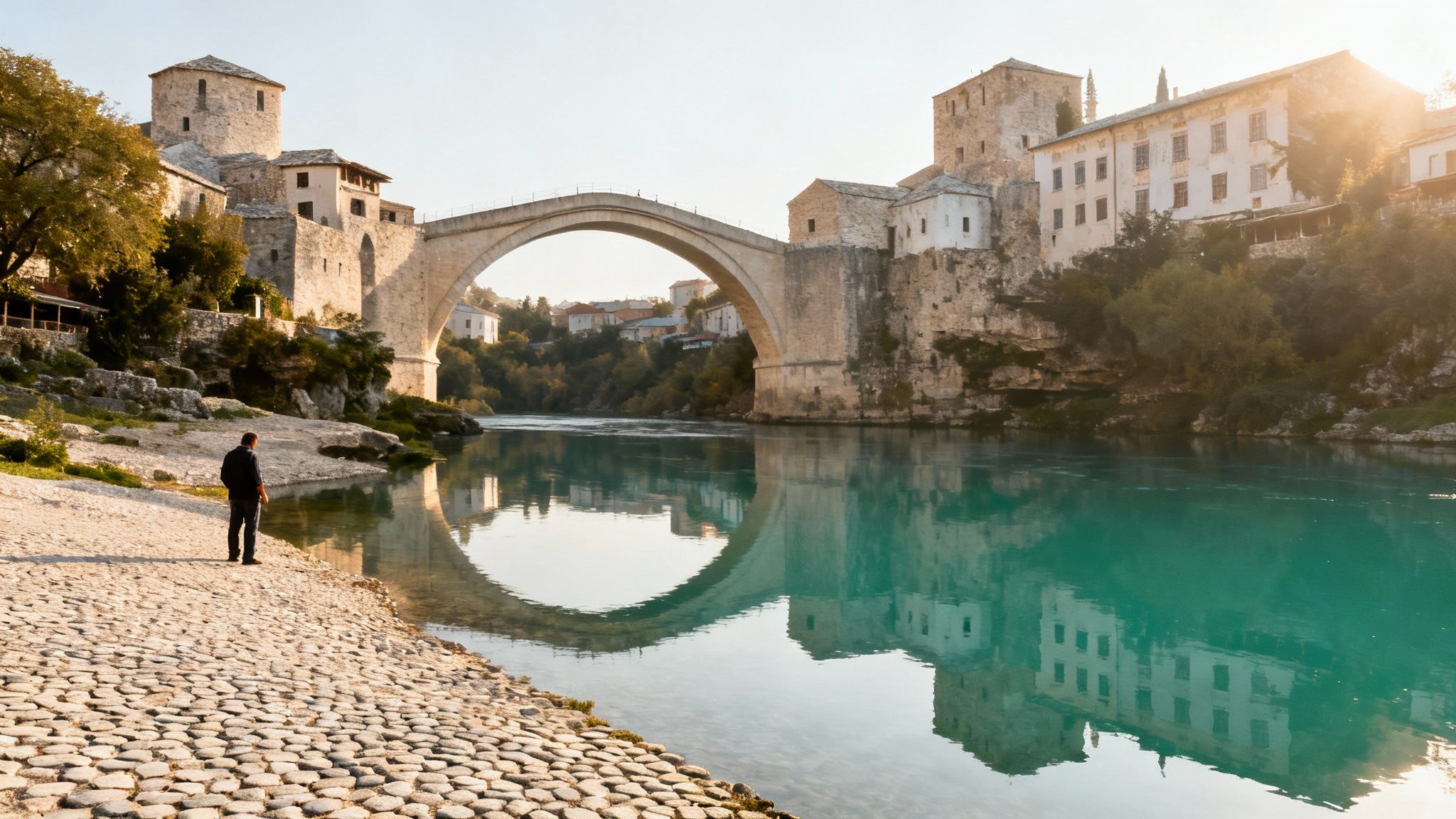 Man on cobblestone bank by Stari Most bridge over a turquoise river, Mostar, at golden hour in one of the cheapest countries in Europe to visit.