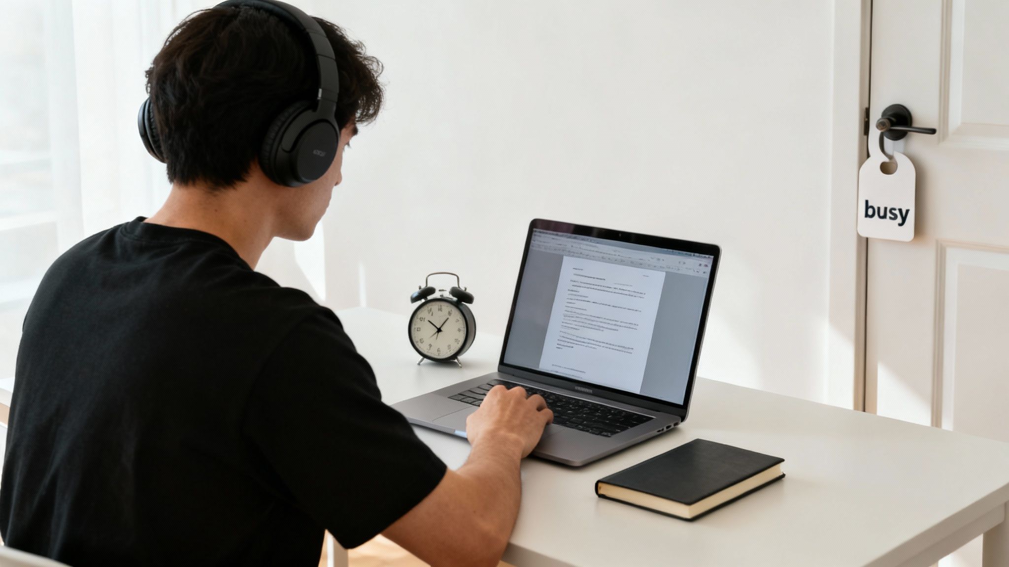 A person wearing headphones works on a laptop at a desk with an alarm clock and a 'busy' sign, demonstrating focused workplace stress management techniques.