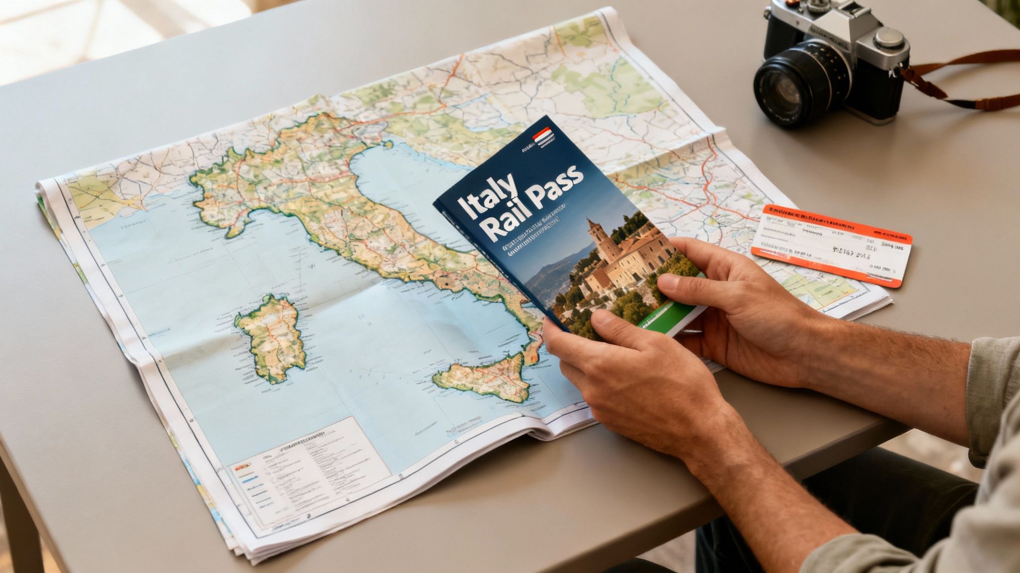 A person's hands hold an Italy Rail Pass booklet over a map of Italy with a train ticket and camera nearby, showing one of the best rail passes for Europe.