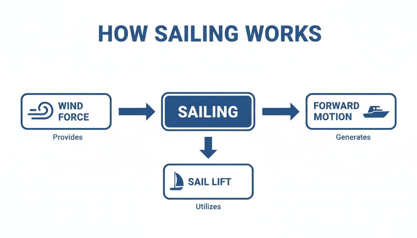 A flowchart titled 'How Sailing Works' shows wind force provides sailing, which generates forward motion and utilizes sail lift, which is key to sailing against the wind.