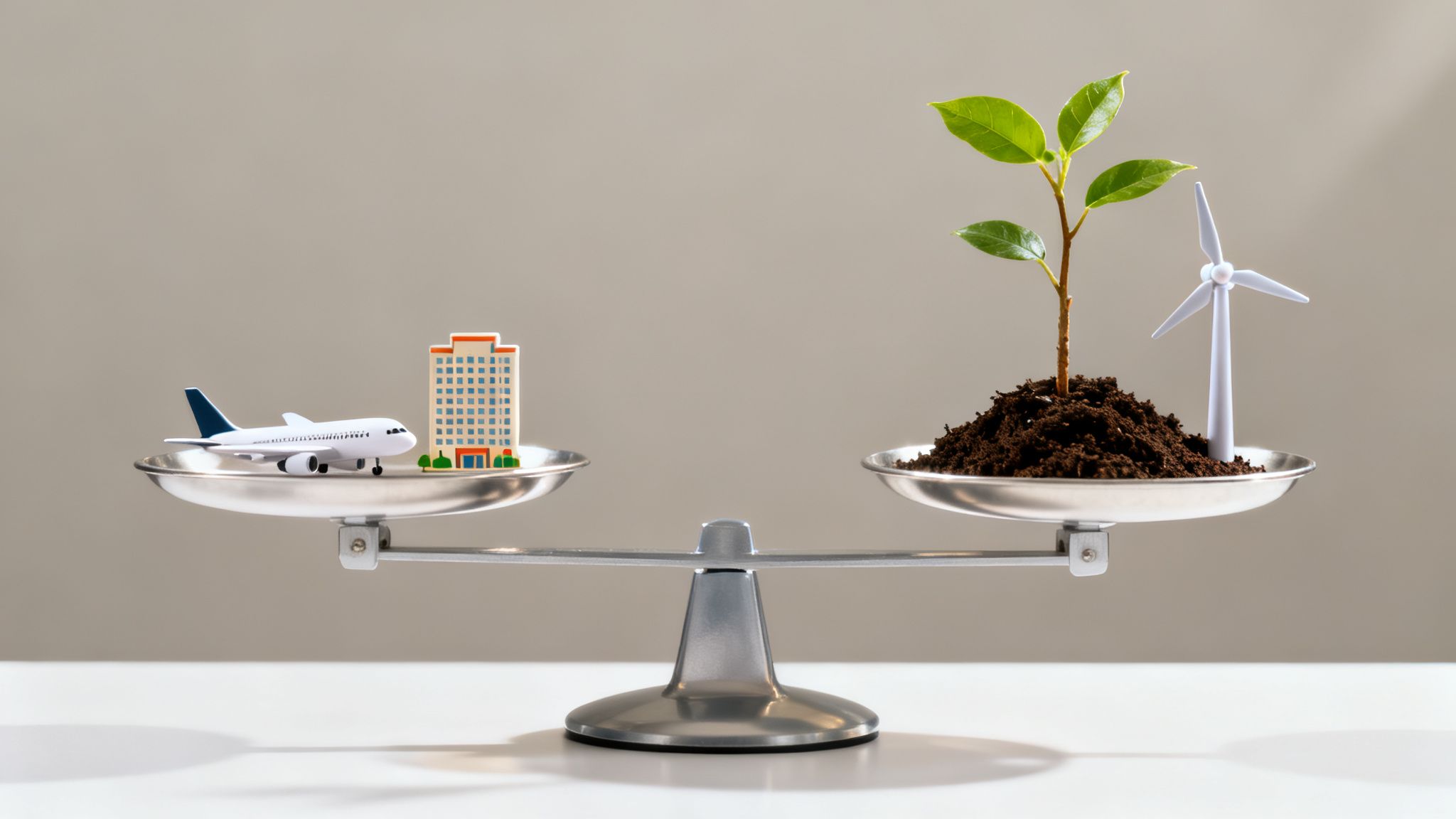 A balanced scale comparing an airplane and a building, with a green plant and a wind turbine—an easy visual for what does carbon neutral mean in travel and everyday life.