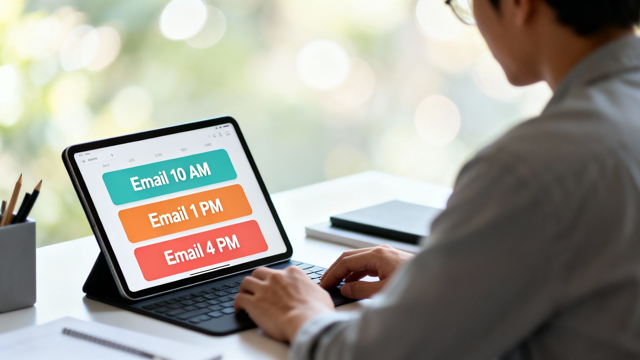 Person using a tablet with a keyboard to plan an email-checking schedule with time blocks, showing how to manage email overload.

