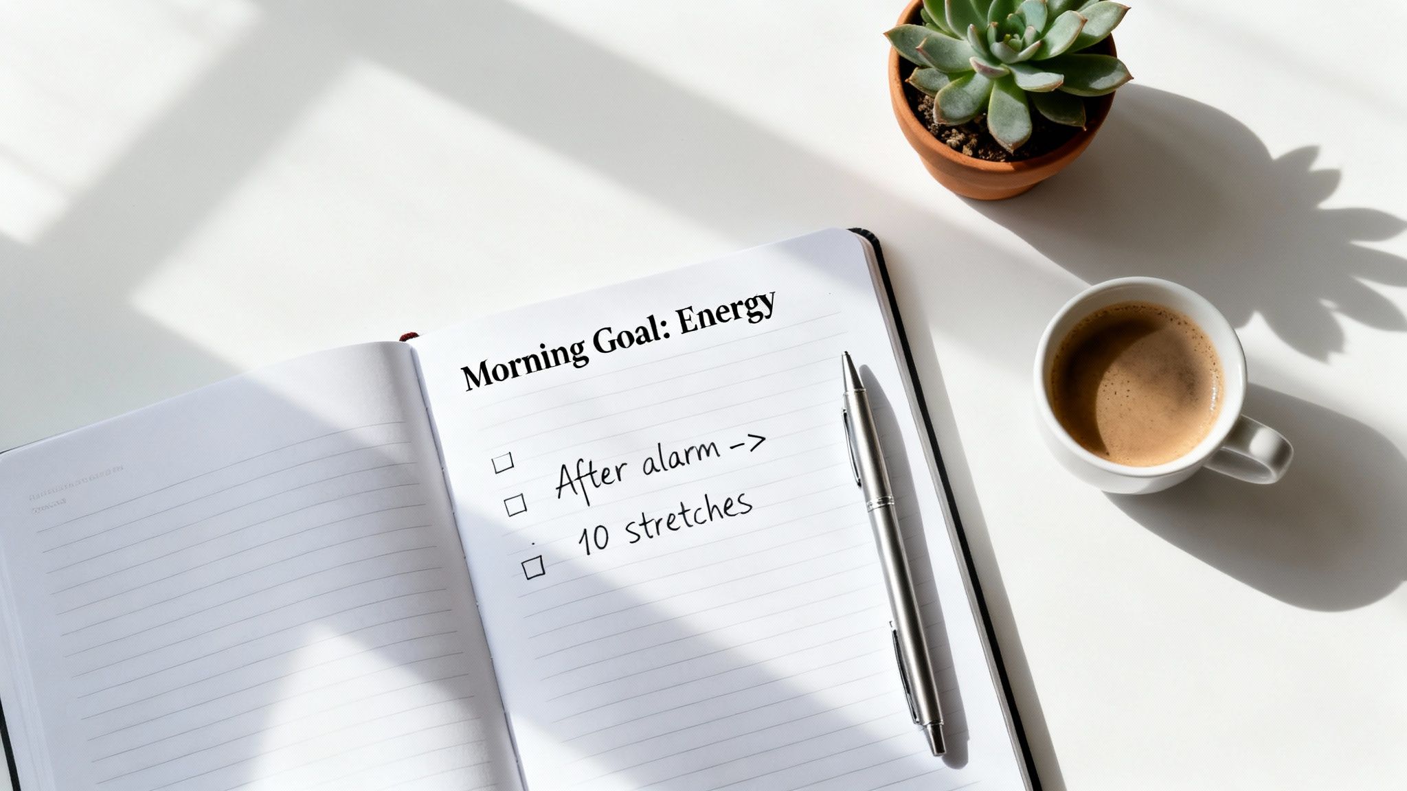 How to create a morning routine: An open notebook shows a morning goal checklist beside a pen, a coffee cup, and a small succulent plant on a clean desk.