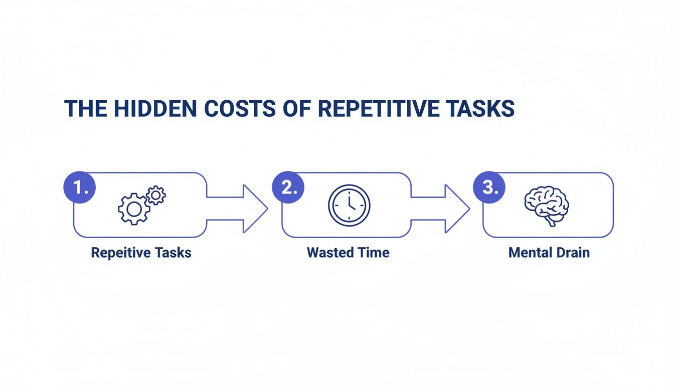 A flowchart illustrating the hidden costs of repetitive tasks, leading to wasted time and mental drain. Alt text: How to automate repetitive tasks and reduce mental drain.