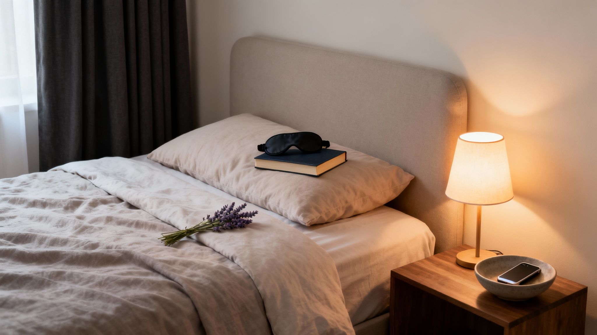 how to recover from burnout: A cozy bedroom with a bed, pillow, book, sleep mask, lavender, lamp, and smartphone.