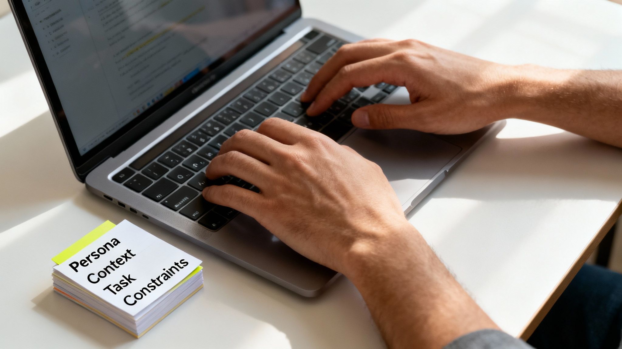 Close-up of hands typing on a laptop with sticky notes detailing 'Persona, Context, Task, Constraints' to illustrate how to use AI for productivity.