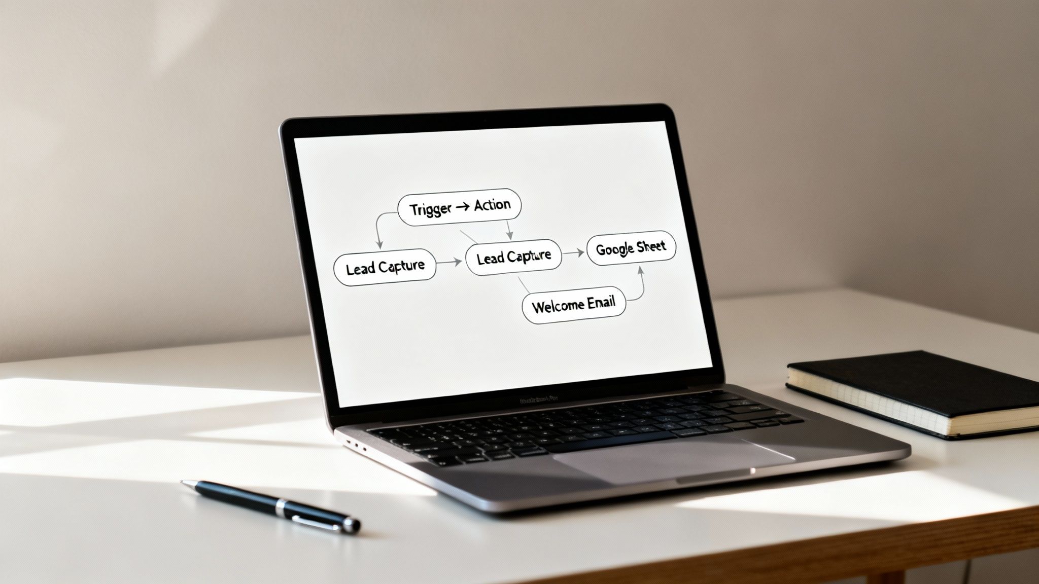 How to automate repetitive tasks: a laptop displays a workflow diagram showing lead capture connected to Google Sheets integration and an automated welcome email sequence.