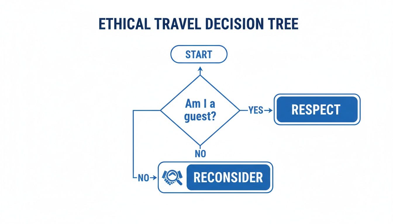 Ethical travel decision tree flowchart, guiding travelers to be respectful guests or reconsider.